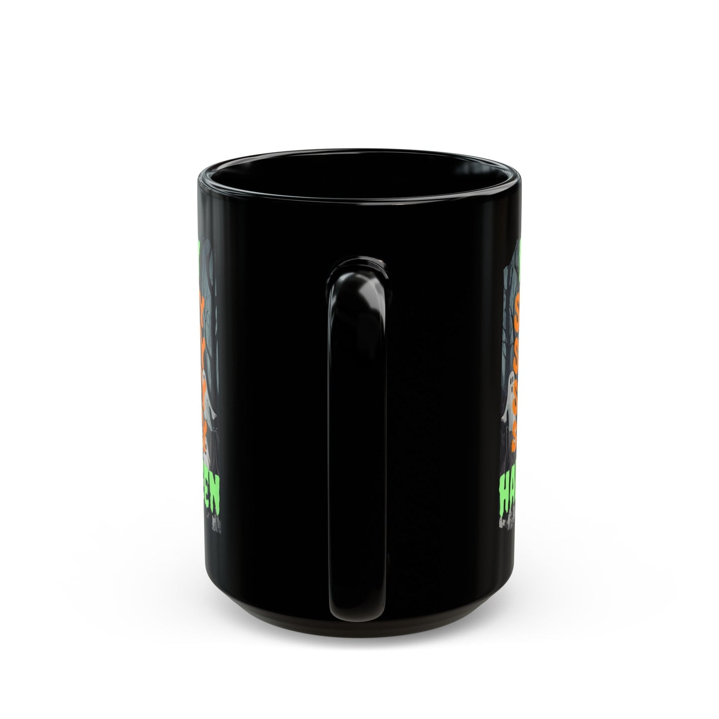 Spooky Happy Halloween Ghost GNfont Black Mug by cypherpunkgear – cypherpunkgear.com | Cypherpunk Merch