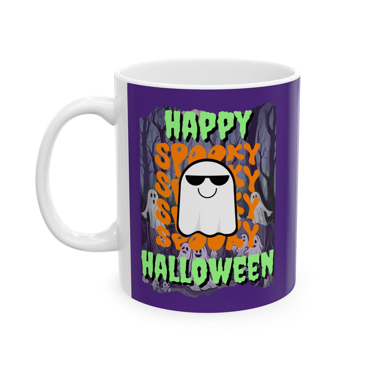 Spooky Happy Halloween Ghost GNfont Purple Mug by cypherpunkgear – cypherpunkgear.com | Cypherpunk Merch