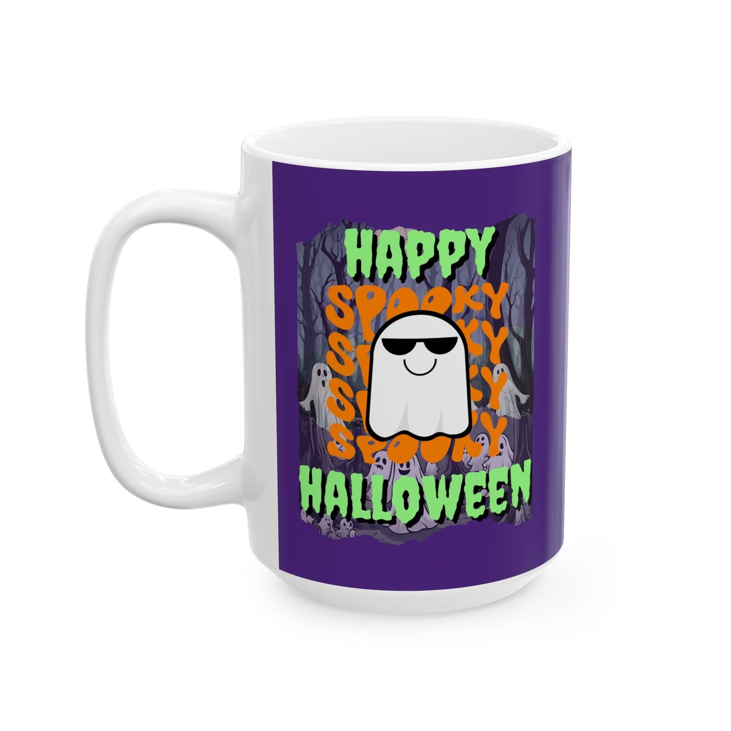 Spooky Happy Halloween Ghost GNfont Purple Mug by cypherpunkgear – cypherpunkgear.com | Cypherpunk Merch