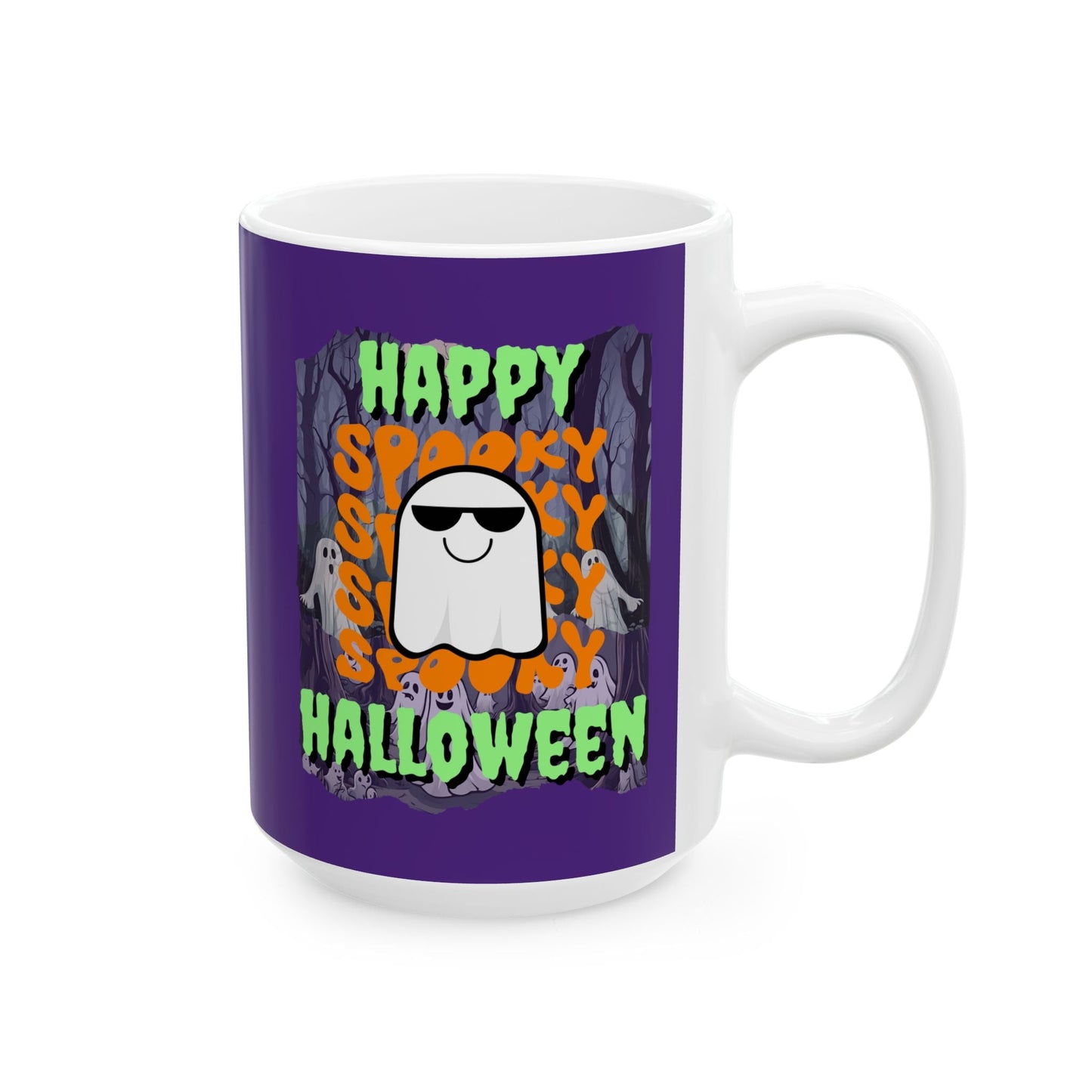 Spooky Happy Halloween Ghost GNfont Purple Mug by cypherpunkgear – cypherpunkgear.com | Cypherpunk Merch