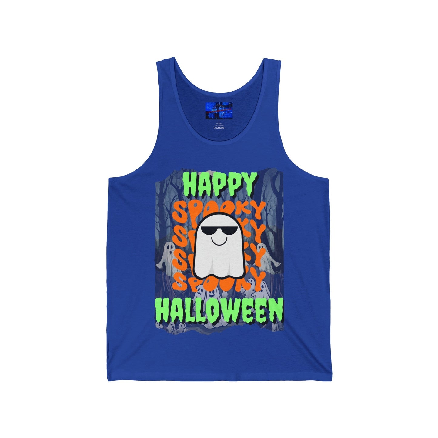 Spooky Happy Halloween Ghost GNfont Unisex Jersey Tank Top by cypherpunkgear – cypherpunkgear.com | Cypherpunk Merch