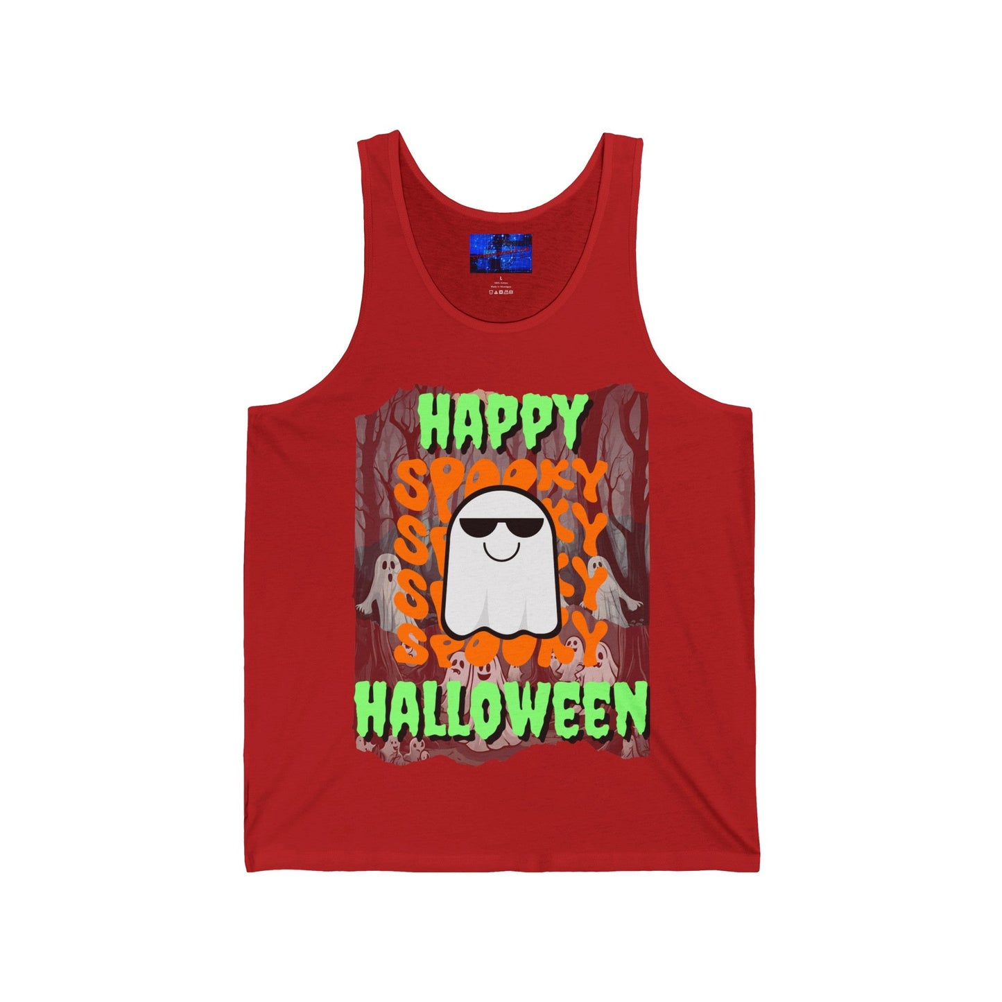 Spooky Happy Halloween Ghost GNfont Unisex Jersey Tank Top by cypherpunkgear – cypherpunkgear.com | Cypherpunk Merch