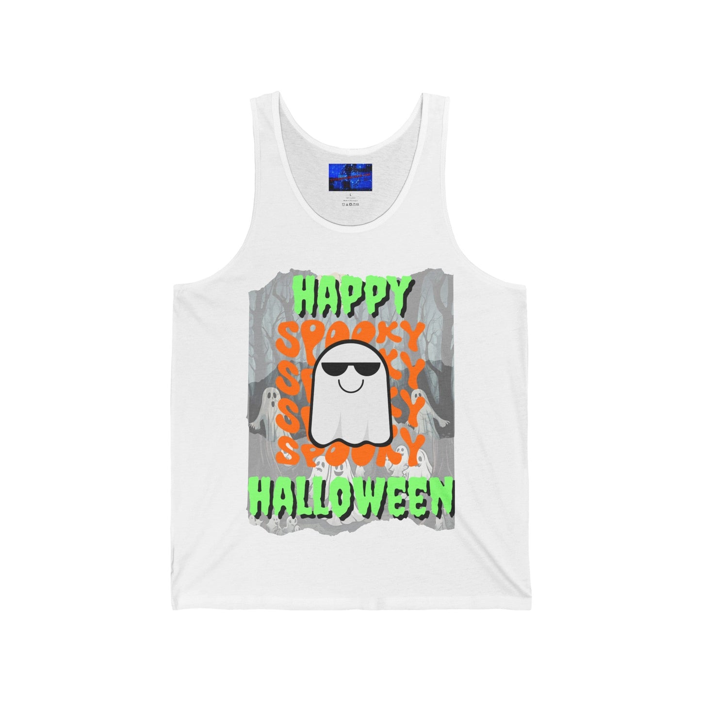 Spooky Happy Halloween Ghost GNfont Unisex Jersey Tank Top by cypherpunkgear – cypherpunkgear.com | Cypherpunk Merch