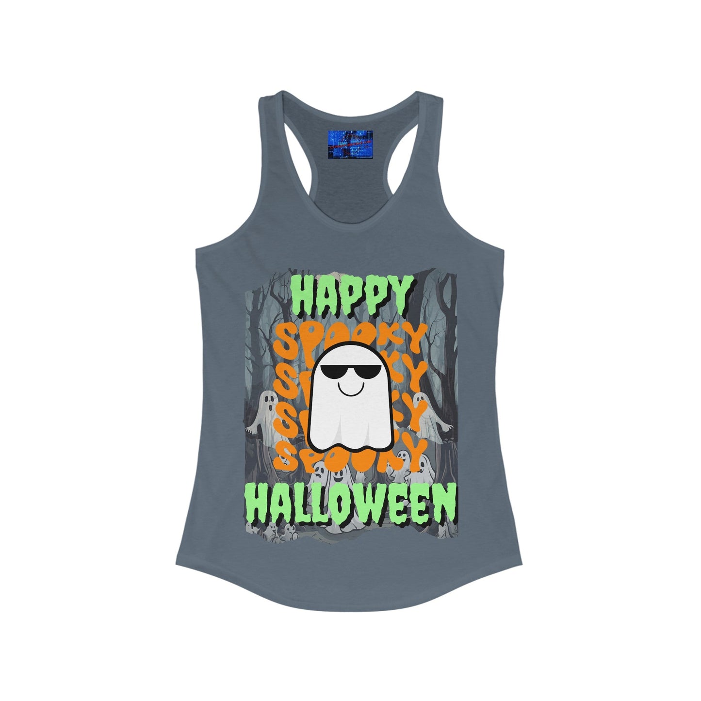 Spooky Happy Halloween Ghost GNfont Women's Racerback Tank Top by cypherpunkgear – cypherpunkgear.com | Cypherpunk Merch