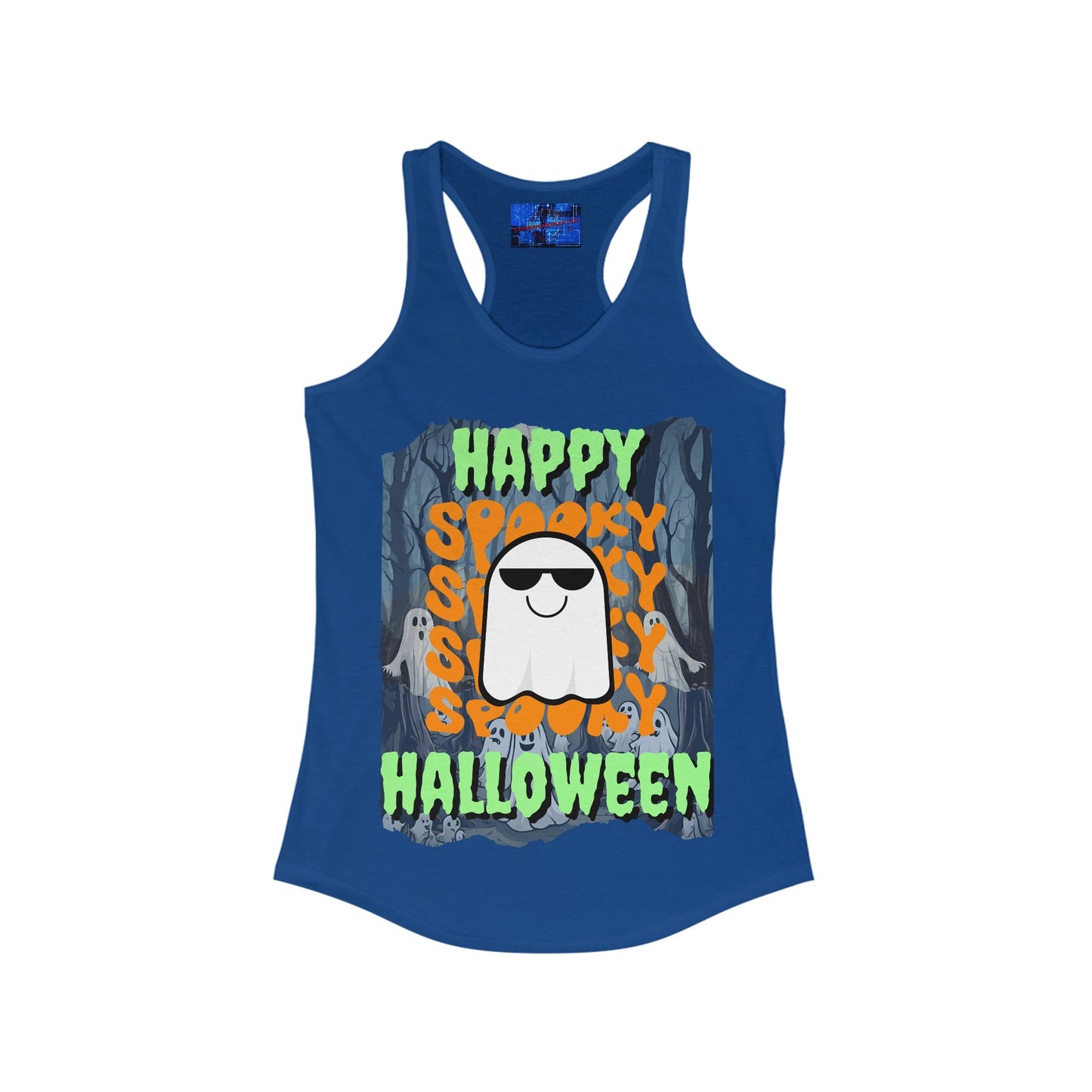 Spooky Happy Halloween Ghost GNfont Women's Racerback Tank Top by cypherpunkgear – cypherpunkgear.com | Cypherpunk Merch