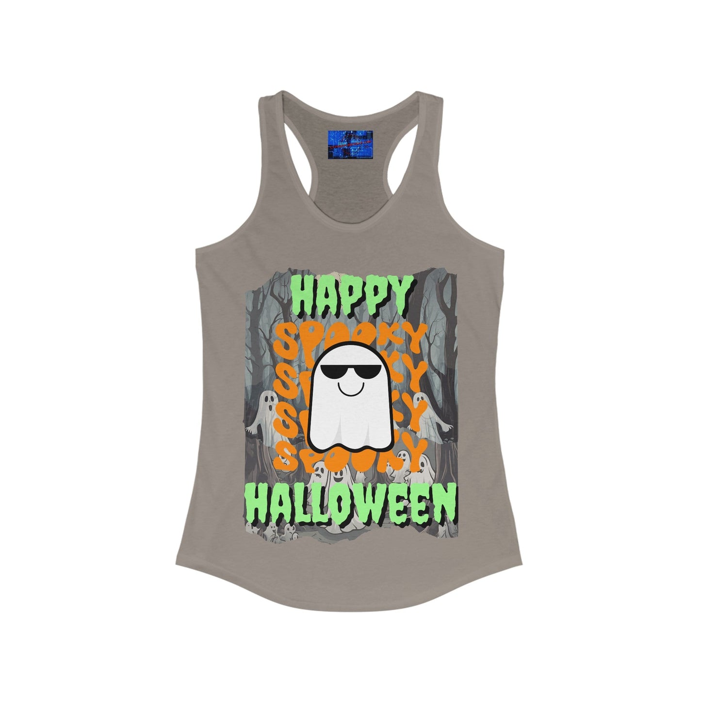 Spooky Happy Halloween Ghost GNfont Women's Racerback Tank Top by cypherpunkgear – cypherpunkgear.com | Cypherpunk Merch