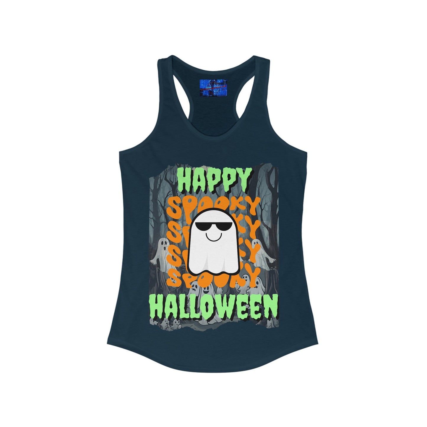 Spooky Happy Halloween Ghost GNfont Women's Racerback Tank Top by cypherpunkgear – cypherpunkgear.com | Cypherpunk Merch