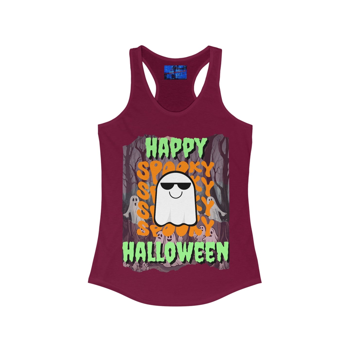Spooky Happy Halloween Ghost GNfont Women's Racerback Tank Top by cypherpunkgear – cypherpunkgear.com | Cypherpunk Merch