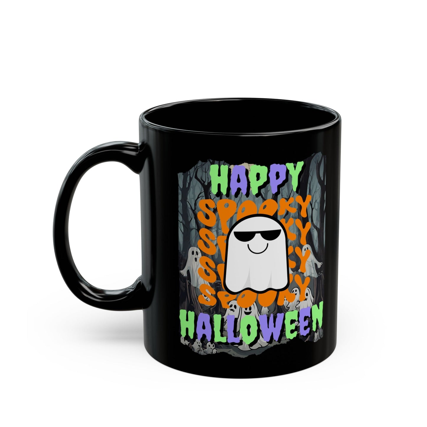 Spooky Happy Halloween Ghost MXfont Black Mug by cypherpunkgear – cypherpunkgear.com | Cypherpunk Merch