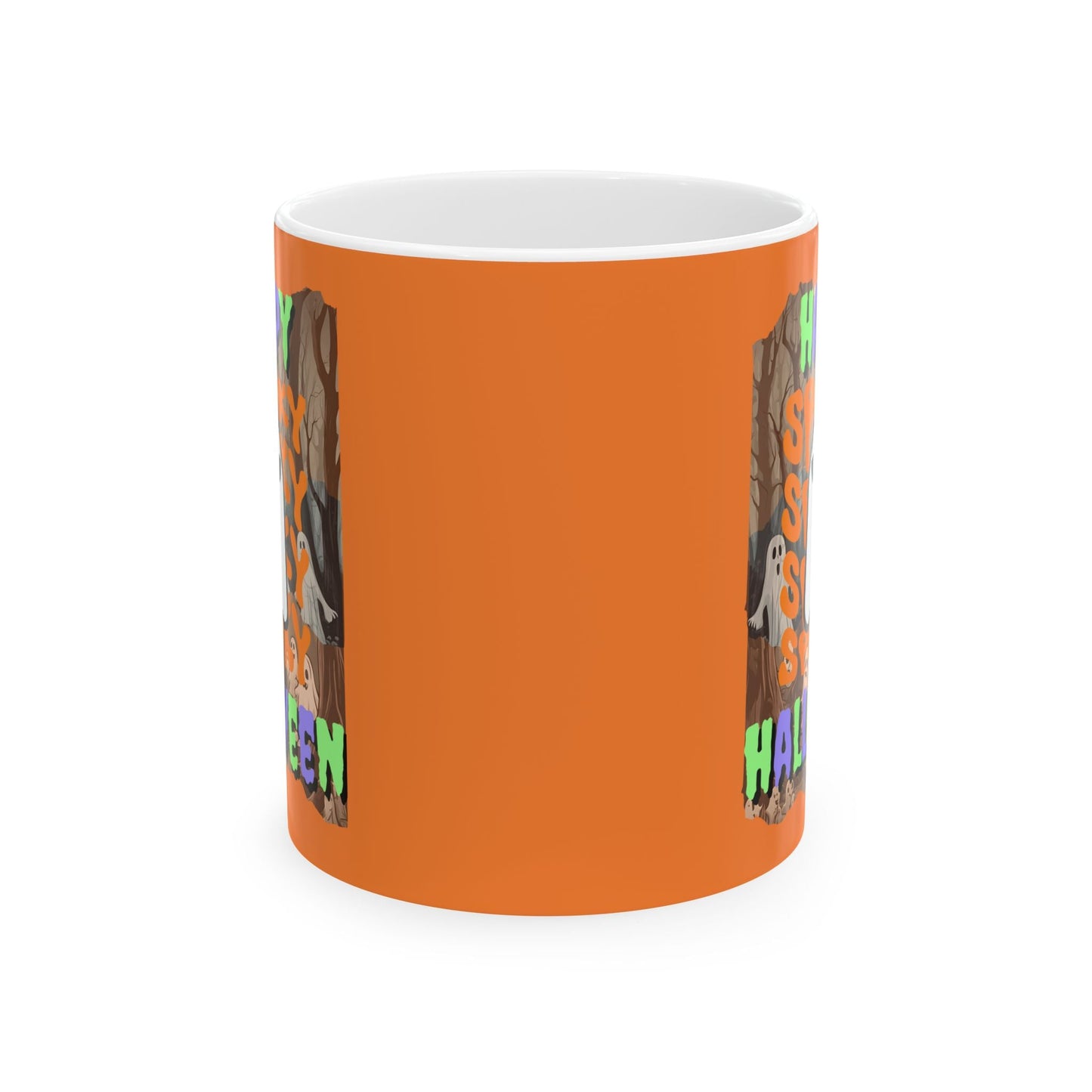 Spooky Happy Halloween Ghost MXfont Orange Mug by cypherpunkgear – cypherpunkgear.com | Cypherpunk Merch