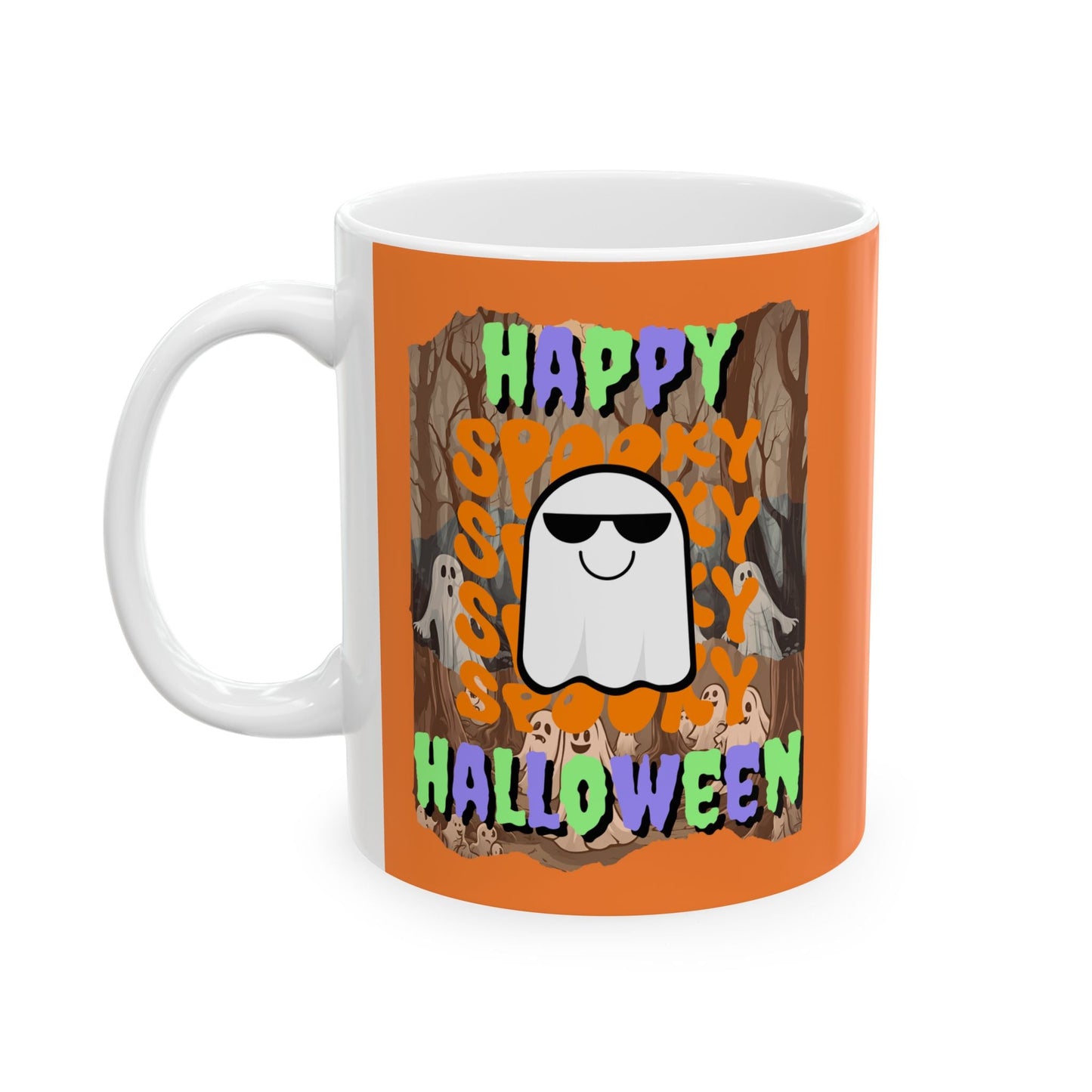 Spooky Happy Halloween Ghost MXfont Orange Mug by cypherpunkgear – cypherpunkgear.com | Cypherpunk Merch