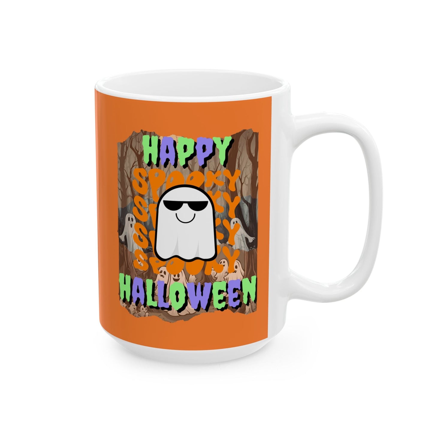 Spooky Happy Halloween Ghost MXfont Orange Mug by cypherpunkgear – cypherpunkgear.com | Cypherpunk Merch