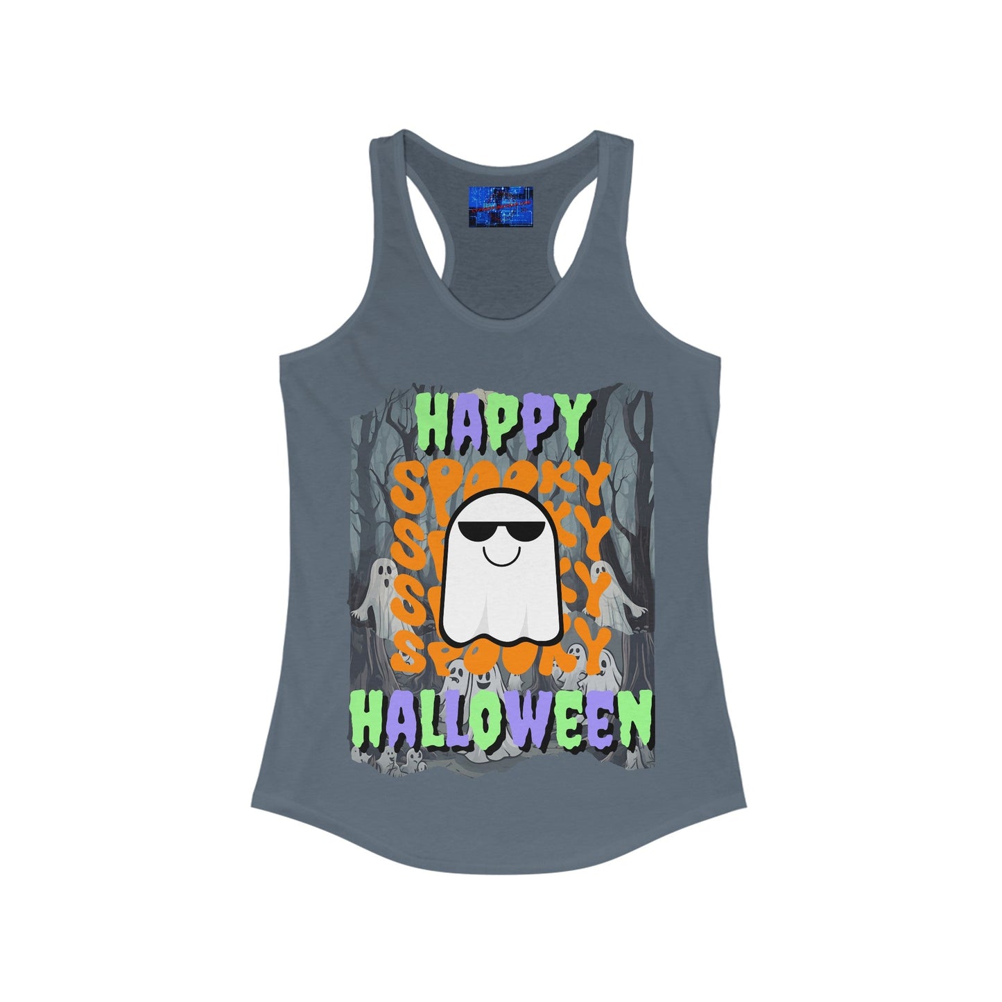 Spooky Happy Halloween Ghost MXfont Women's Racerback Tank Top by cypherpunkgear – cypherpunkgear.com | Cypherpunk Merch