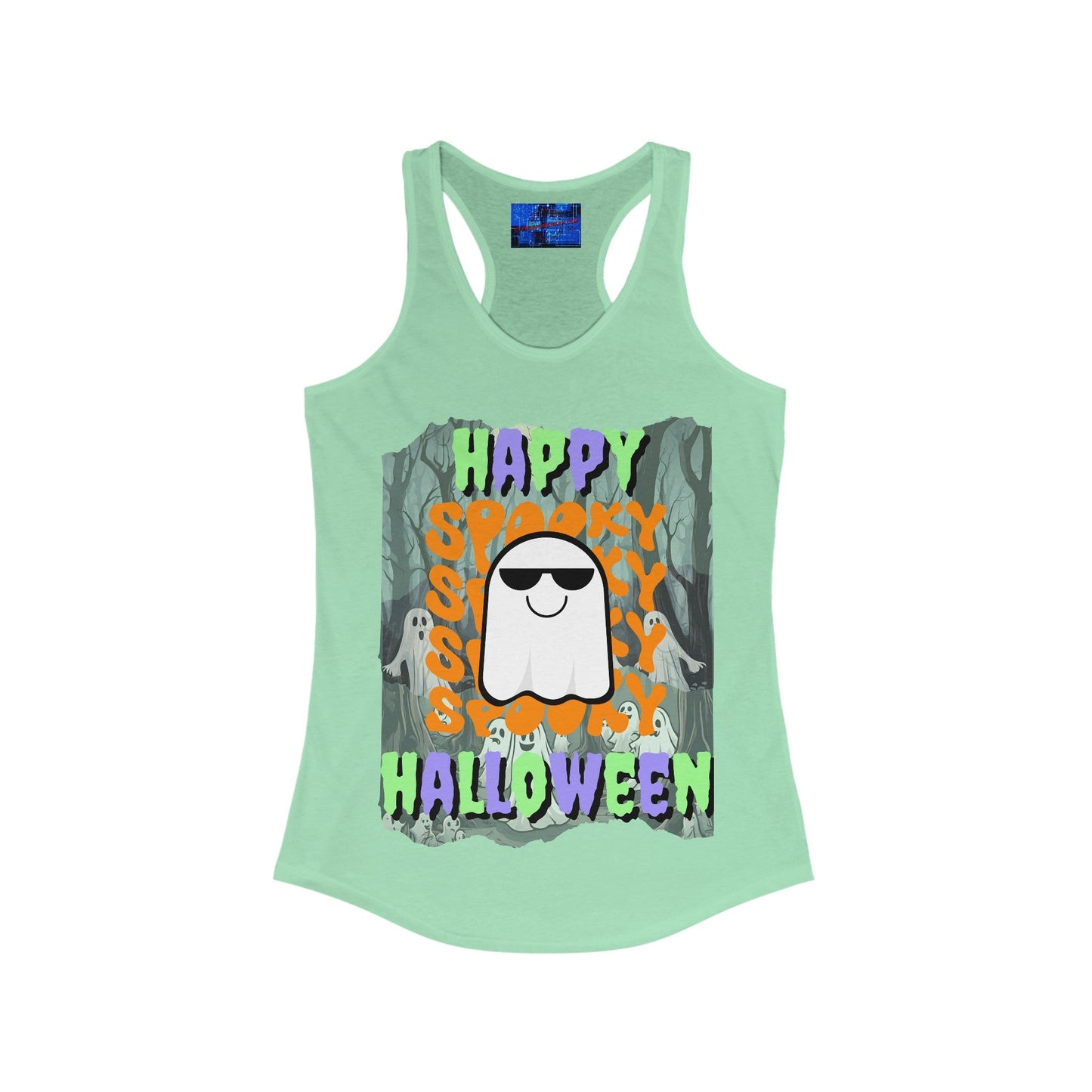 Spooky Happy Halloween Ghost MXfont Women's Racerback Tank Top by cypherpunkgear – cypherpunkgear.com | Cypherpunk Merch