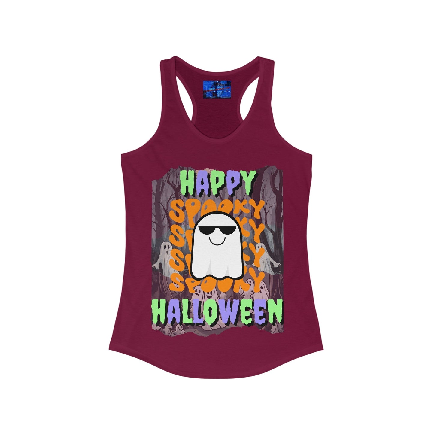 Spooky Happy Halloween Ghost MXfont Women's Racerback Tank Top by cypherpunkgear – cypherpunkgear.com | Cypherpunk Merch