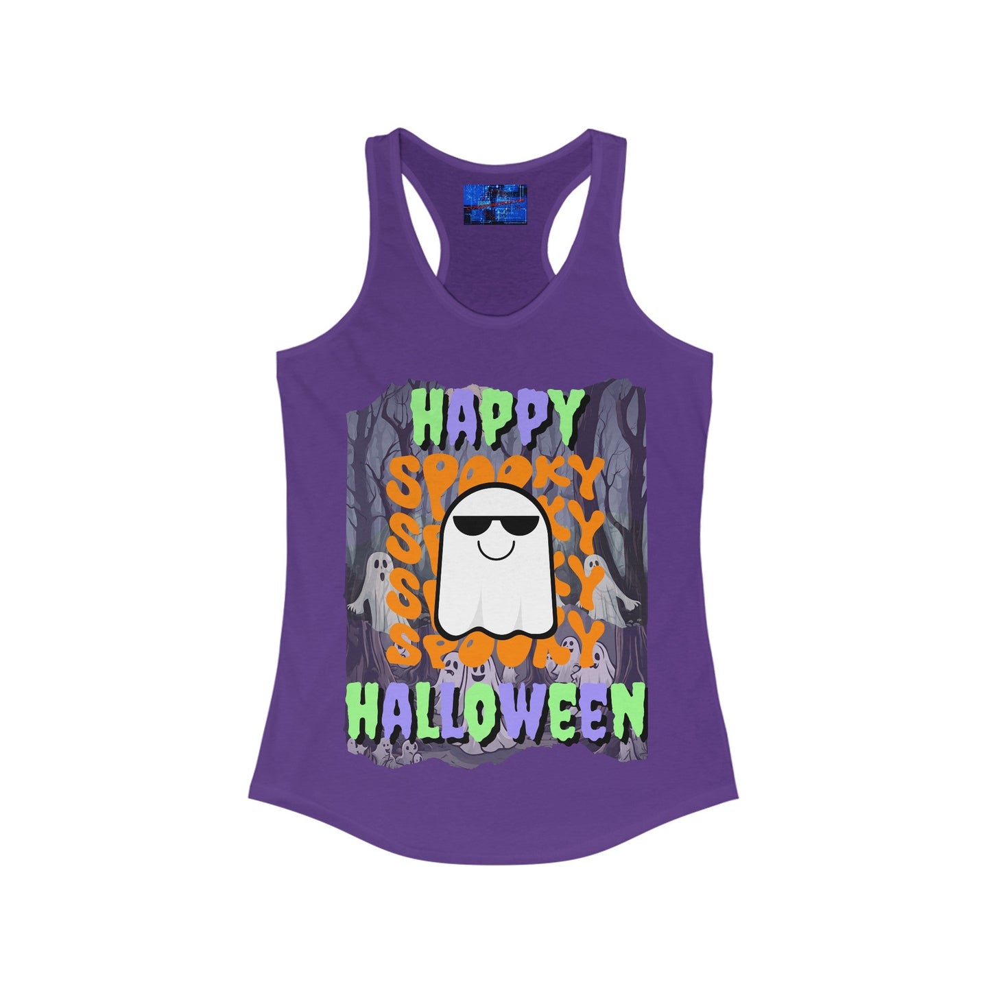 Spooky Happy Halloween Ghost MXfont Women's Racerback Tank Top by cypherpunkgear – cypherpunkgear.com | Cypherpunk Merch