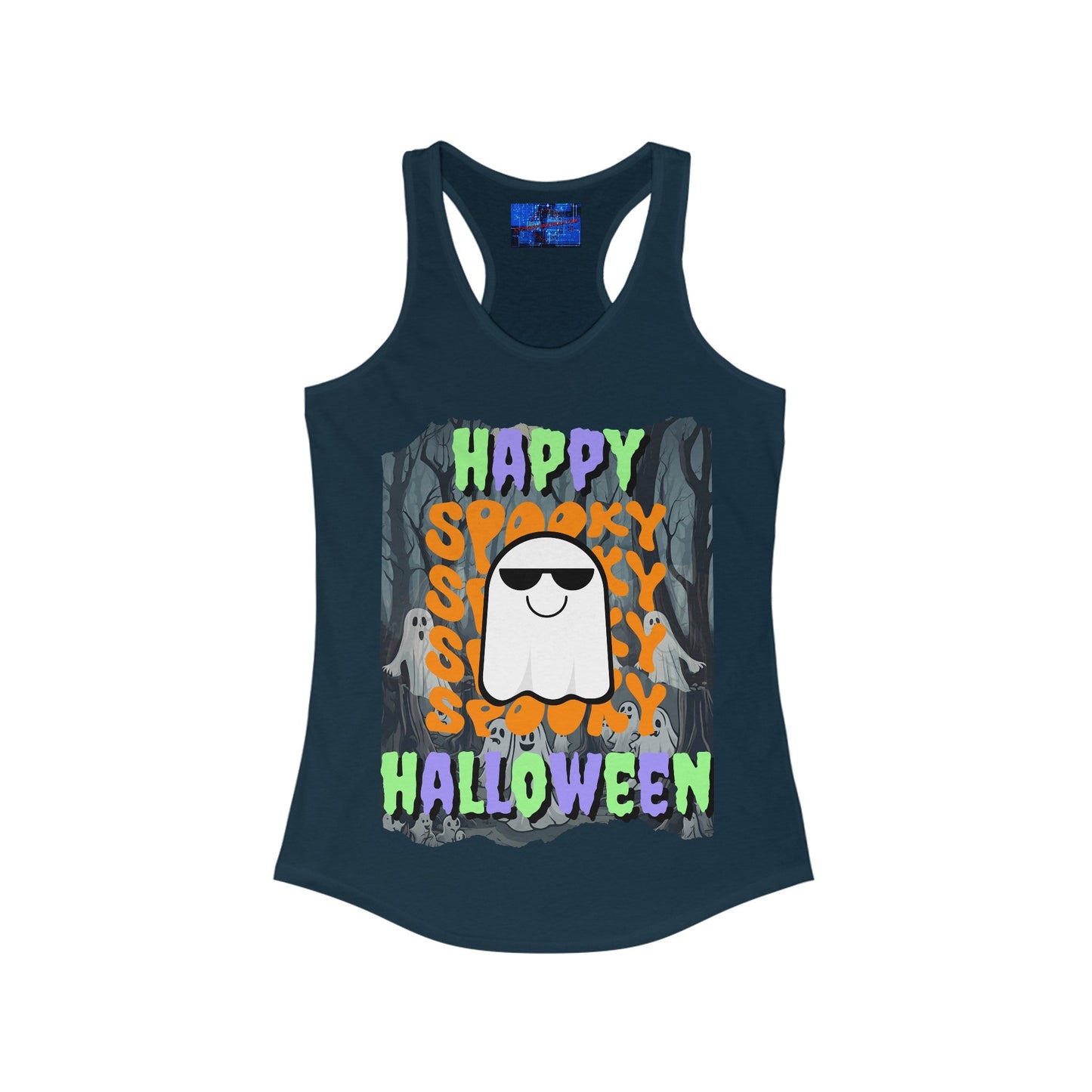 Spooky Happy Halloween Ghost MXfont Women's Racerback Tank Top by cypherpunkgear – cypherpunkgear.com | Cypherpunk Merch