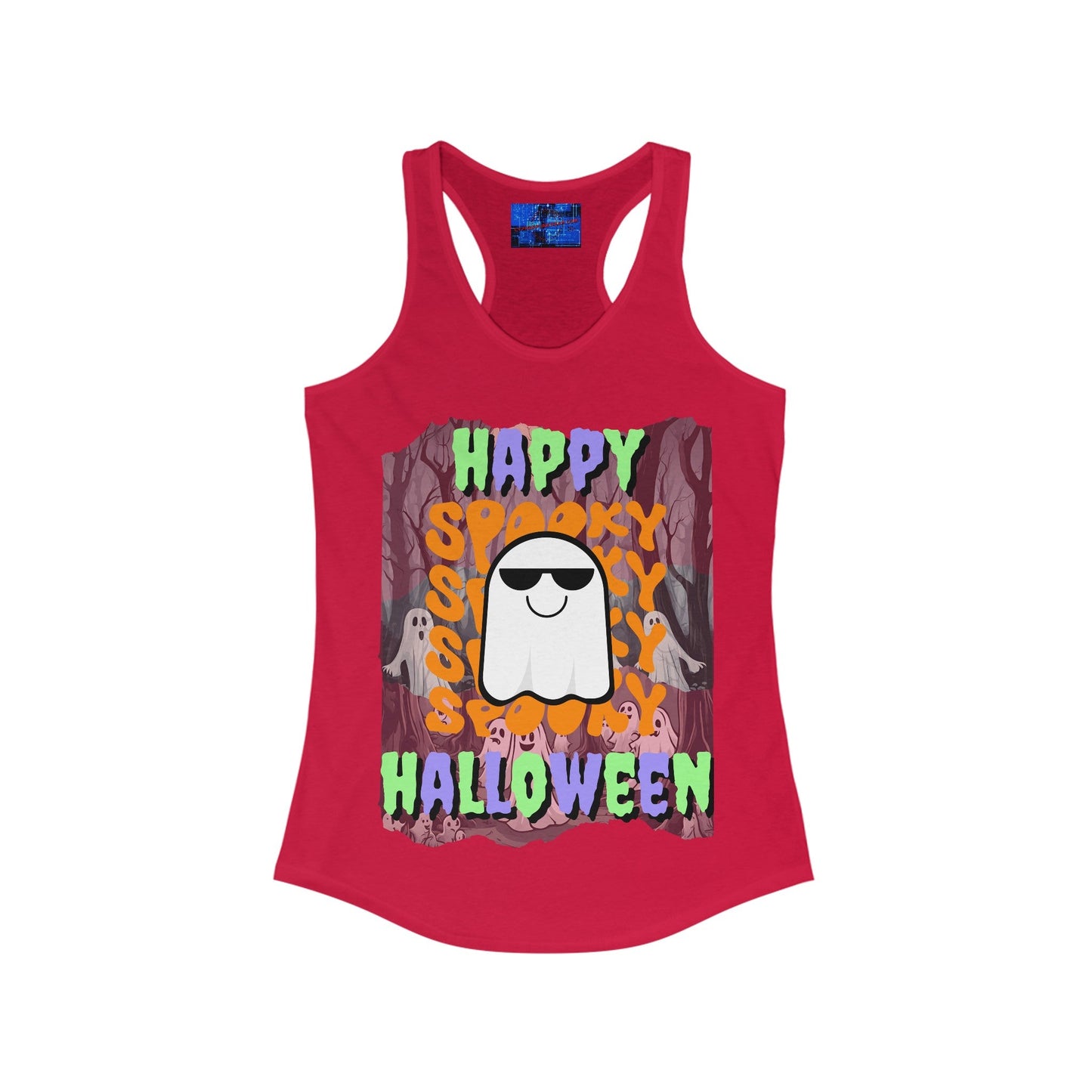 Spooky Happy Halloween Ghost MXfont Women's Racerback Tank Top by cypherpunkgear – cypherpunkgear.com | Cypherpunk Merch
