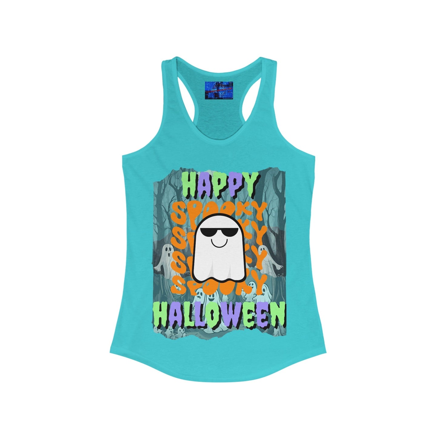 Spooky Happy Halloween Ghost MXfont Women's Racerback Tank Top by cypherpunkgear – cypherpunkgear.com | Cypherpunk Merch