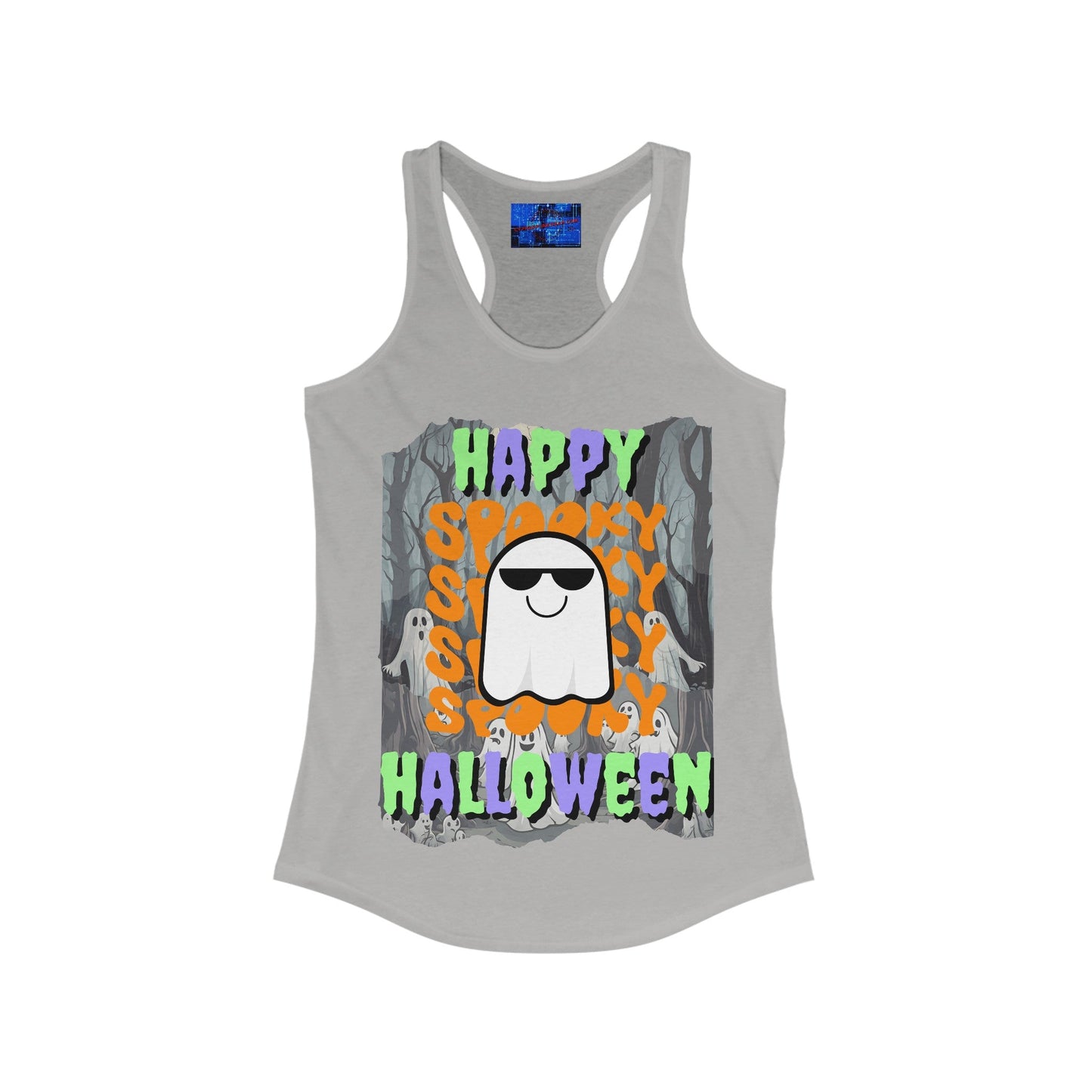 Spooky Happy Halloween Ghost MXfont Women's Racerback Tank Top by cypherpunkgear – cypherpunkgear.com | Cypherpunk Merch