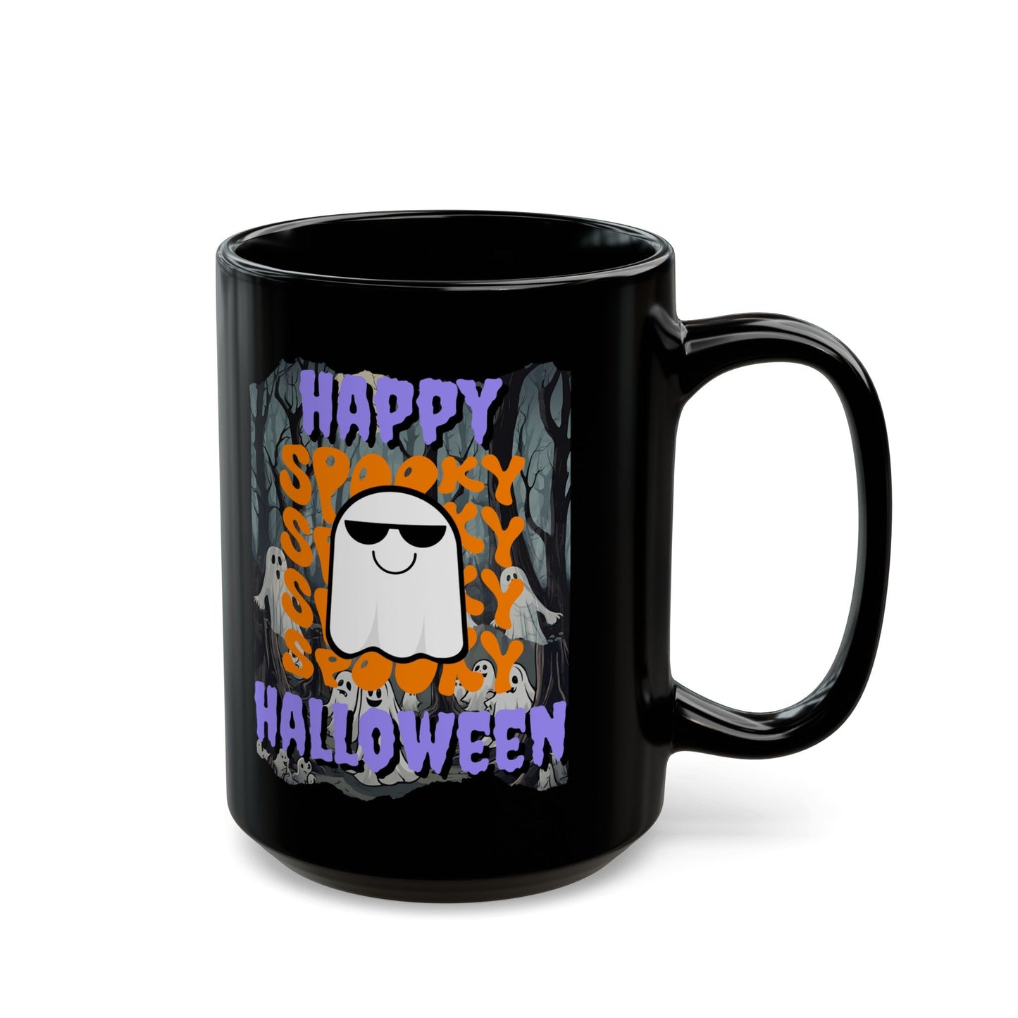 Spooky Happy Halloween Ghost PRfont Black Mug by cypherpunkgear – cypherpunkgear.com | Cypherpunk Merch