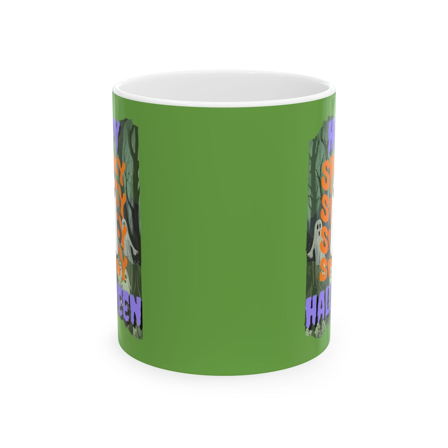 Spooky Happy Halloween Ghost PRfont Green Mug by cypherpunkgear – cypherpunkgear.com | Cypherpunk Merch