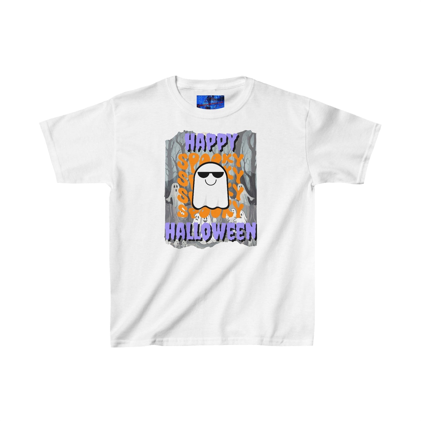 Spooky Happy Halloween Ghost PRfont Kids Heavy Cotton™ Tee by cypherpunkgear – cypherpunkgear.com | Cypherpunk Merch
