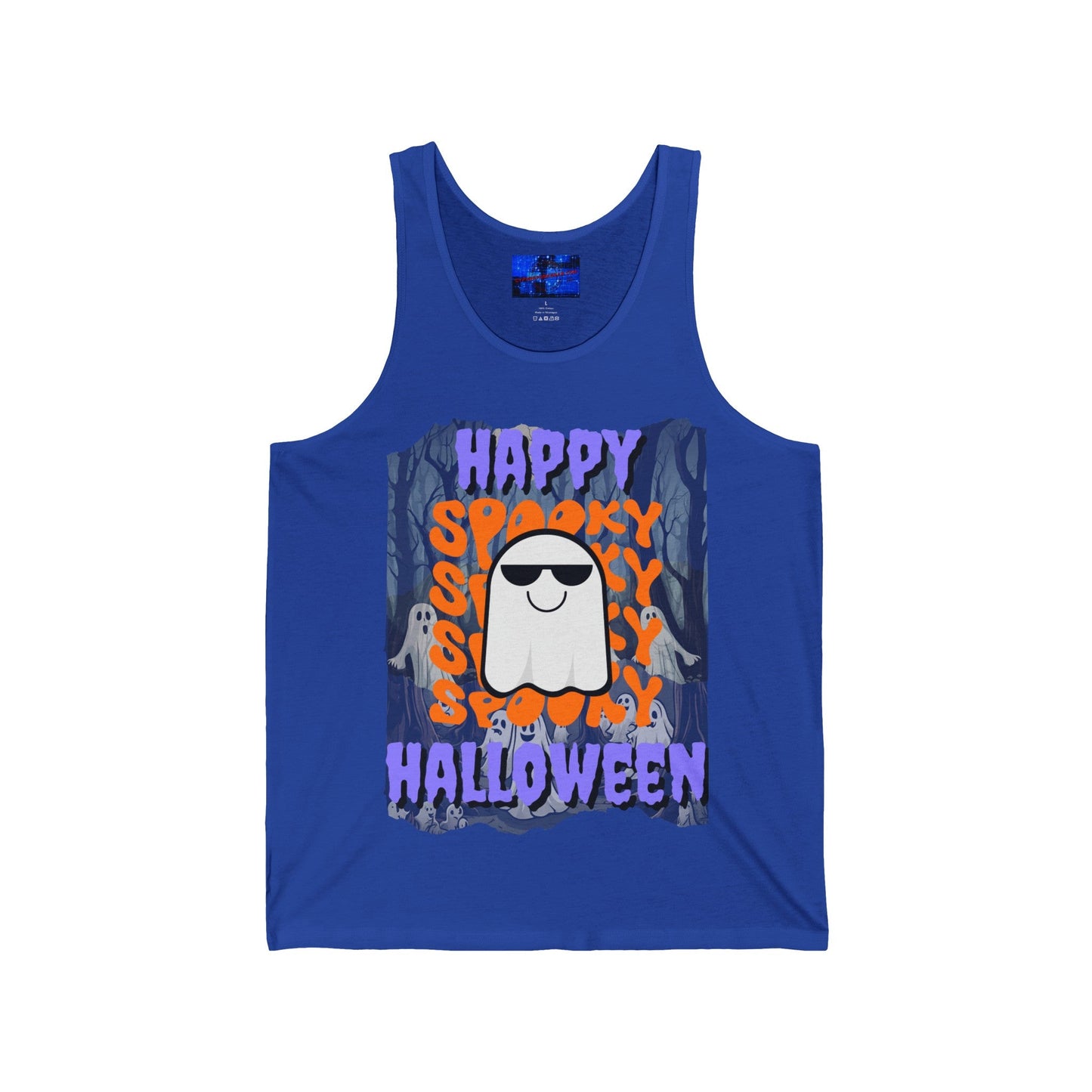 Spooky Happy Halloween Ghost PRfont Unisex Jersey Tank Top by cypherpunkgear – cypherpunkgear.com | Cypherpunk Merch
