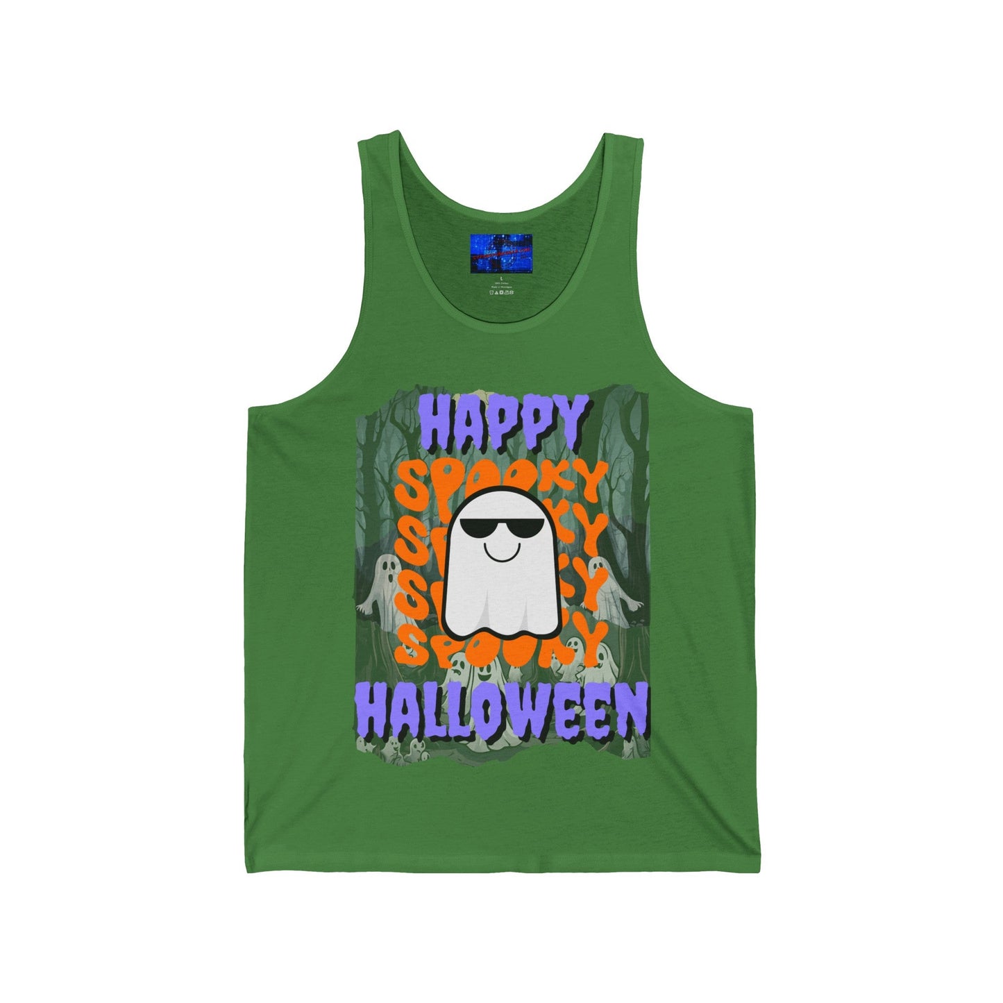 Spooky Happy Halloween Ghost PRfont Unisex Jersey Tank Top by cypherpunkgear – cypherpunkgear.com | Cypherpunk Merch