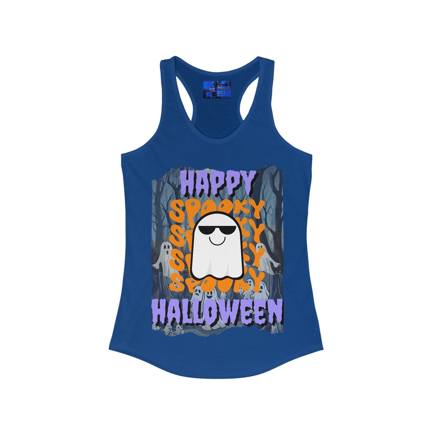 Spooky Happy Halloween Ghost PRfont Women's Racerback Tank Top by cypherpunkgear – cypherpunkgear.com | Cypherpunk Merch