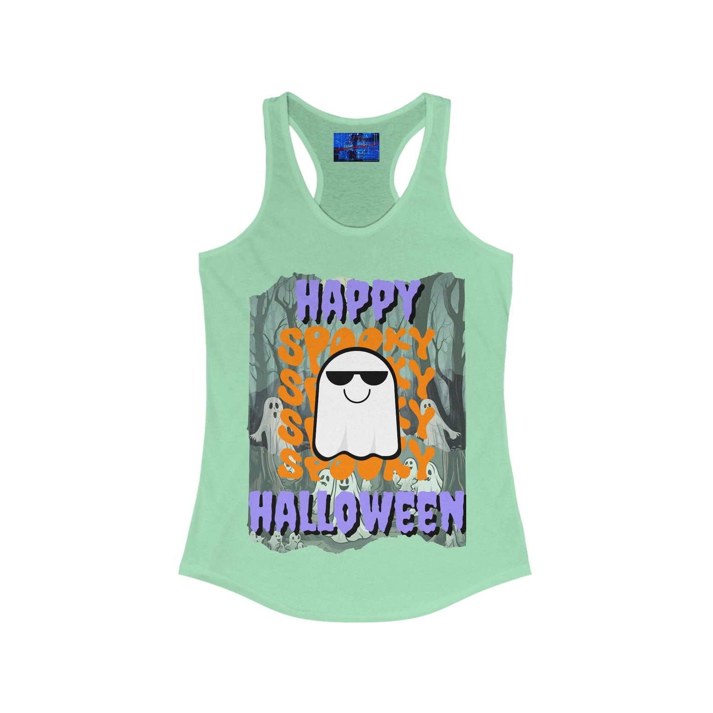 Spooky Happy Halloween Ghost PRfont Women's Racerback Tank Top by cypherpunkgear – cypherpunkgear.com | Cypherpunk Merch