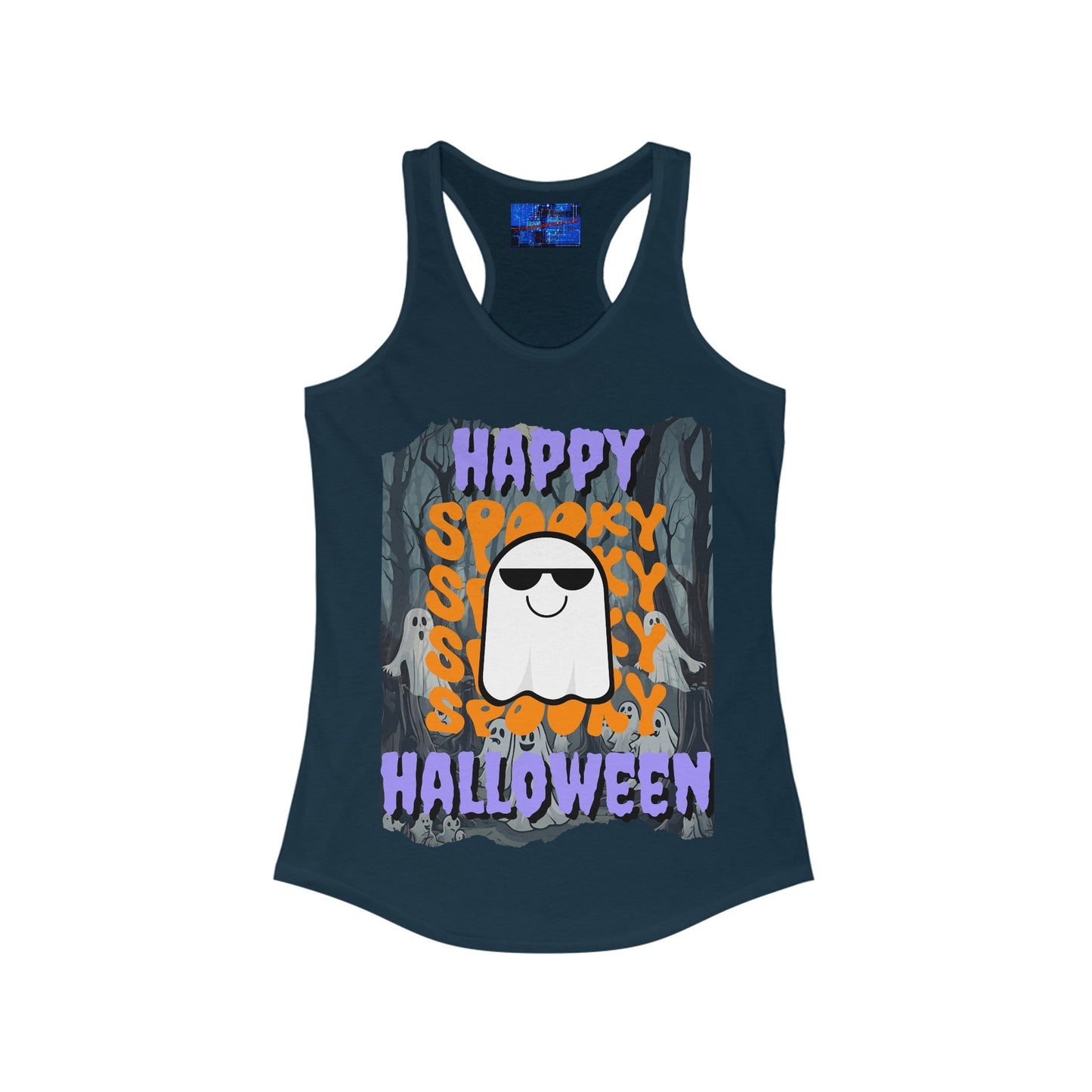 Spooky Happy Halloween Ghost PRfont Women's Racerback Tank Top by cypherpunkgear – cypherpunkgear.com | Cypherpunk Merch