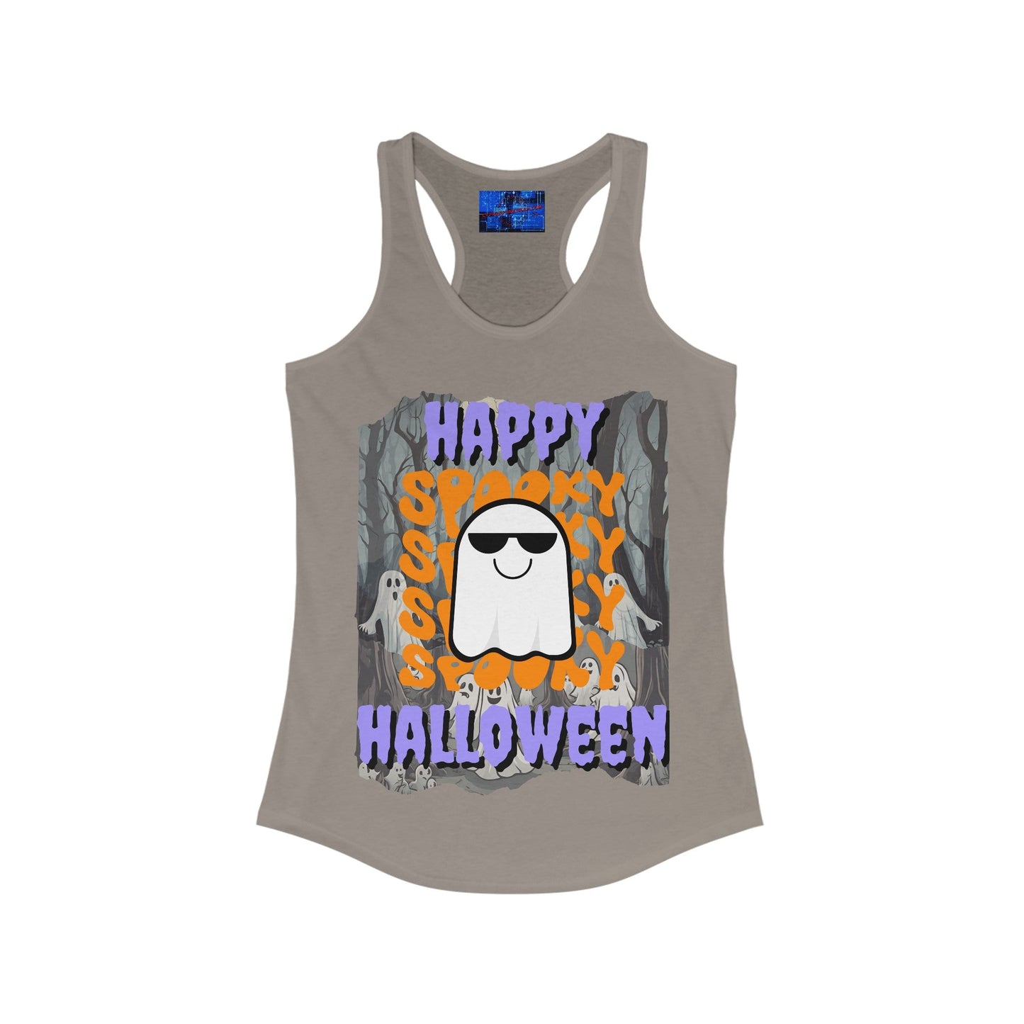 Spooky Happy Halloween Ghost PRfont Women's Racerback Tank Top by cypherpunkgear – cypherpunkgear.com | Cypherpunk Merch