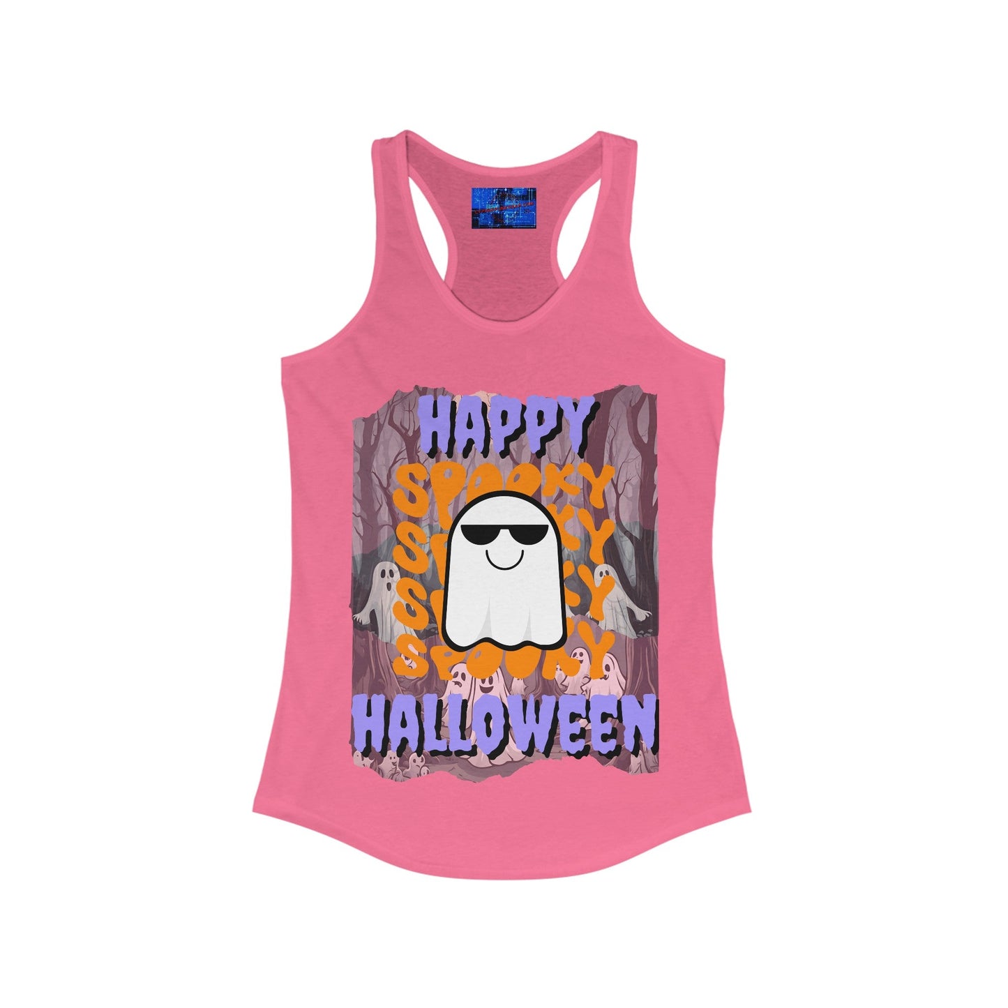 Spooky Happy Halloween Ghost PRfont Women's Racerback Tank Top by cypherpunkgear – cypherpunkgear.com | Cypherpunk Merch