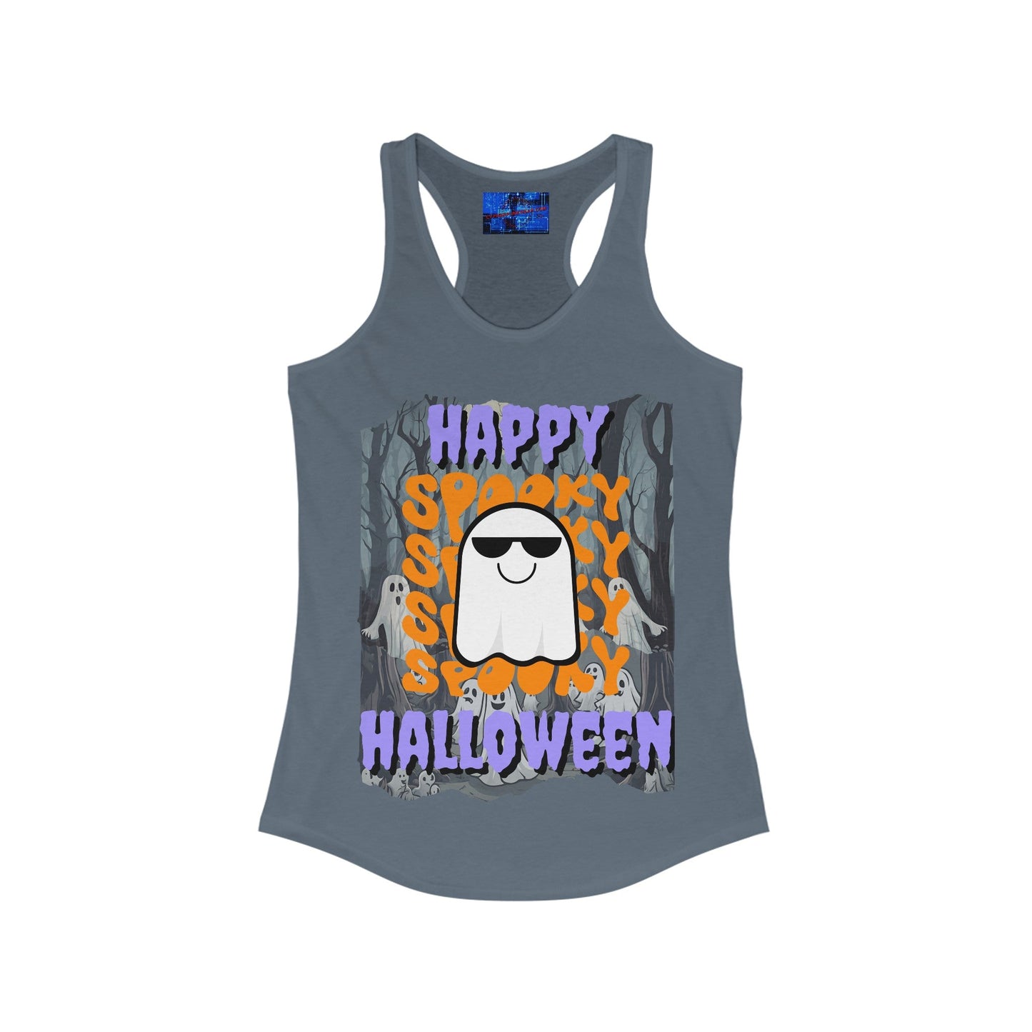 Spooky Happy Halloween Ghost PRfont Women's Racerback Tank Top by cypherpunkgear – cypherpunkgear.com | Cypherpunk Merch