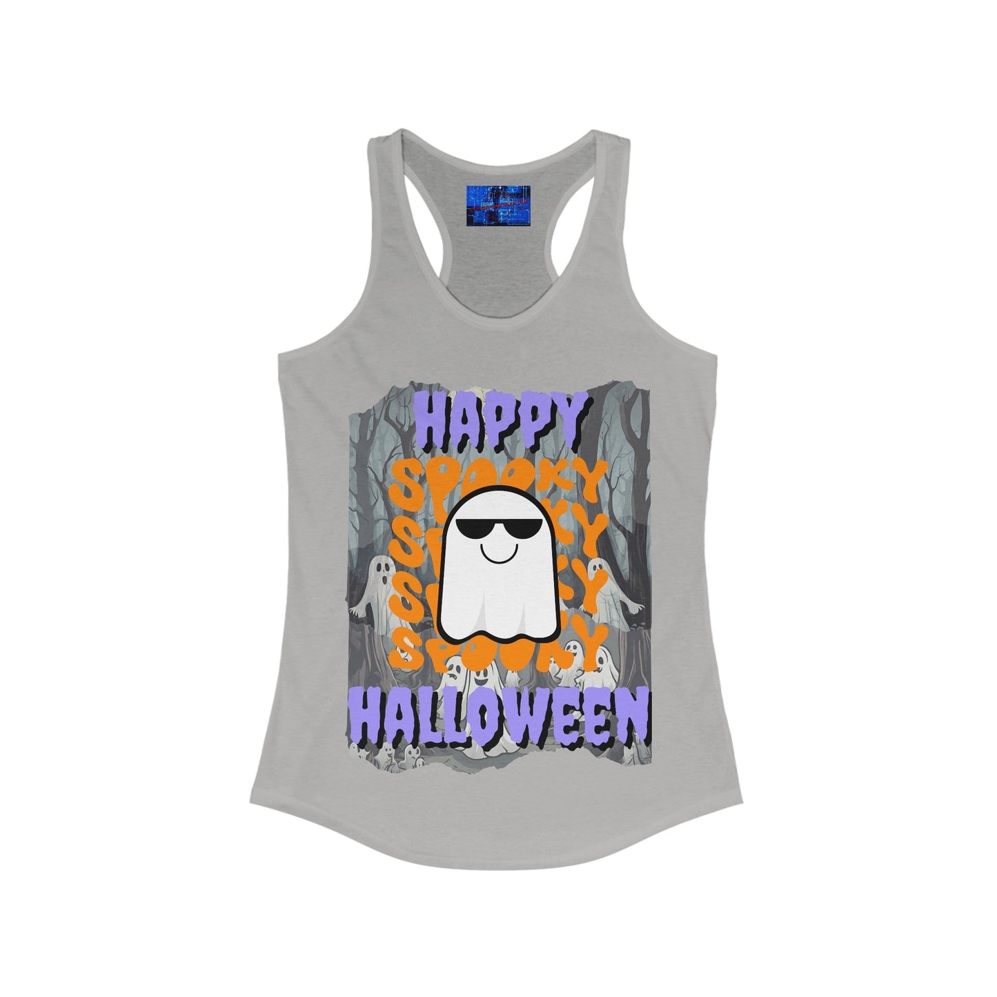 Spooky Happy Halloween Ghost PRfont Women's Racerback Tank Top by cypherpunkgear – cypherpunkgear.com | Cypherpunk Merch