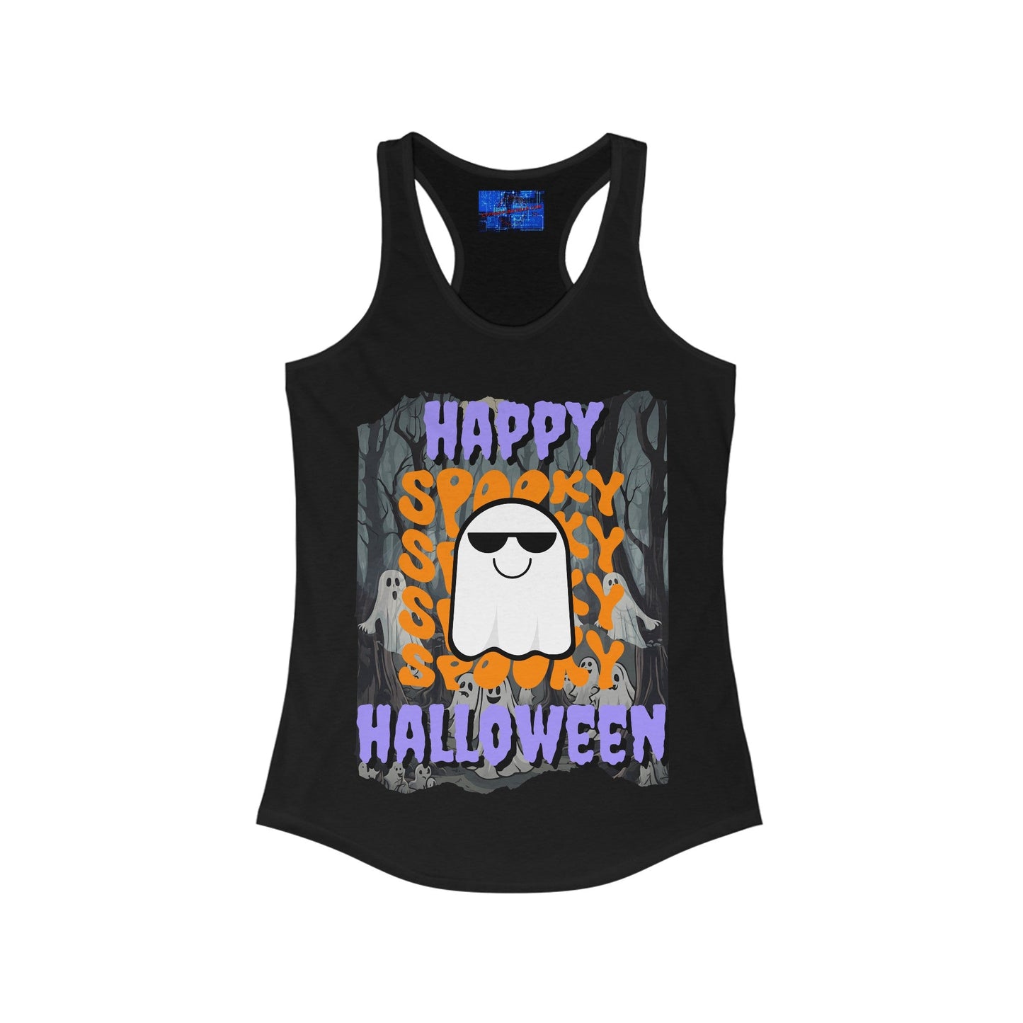 Spooky Happy Halloween Ghost PRfont Women's Racerback Tank Top by cypherpunkgear – cypherpunkgear.com | Cypherpunk Merch