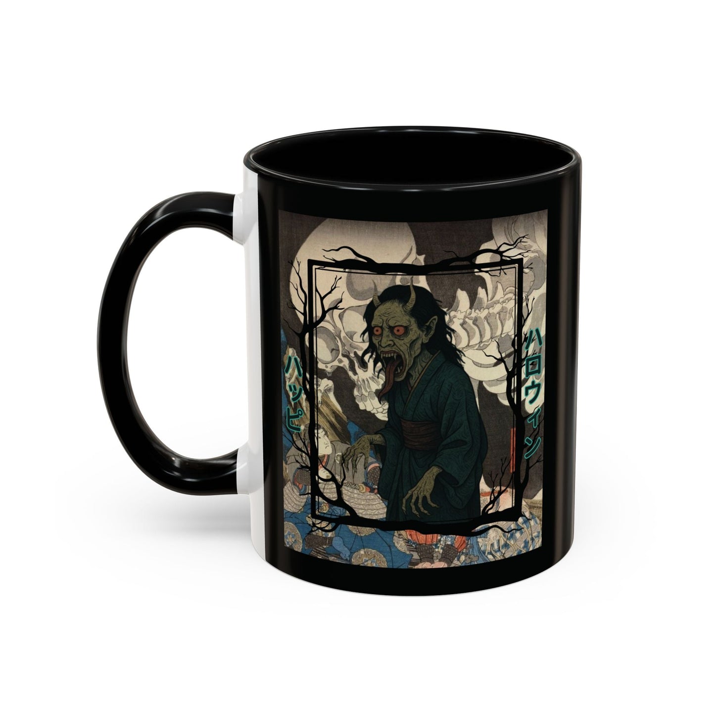 Yōkai Happy Halloween Black Accent Mug by cypherpunkgear.com – cypherpunkgear.com | Cypherpunk Merch