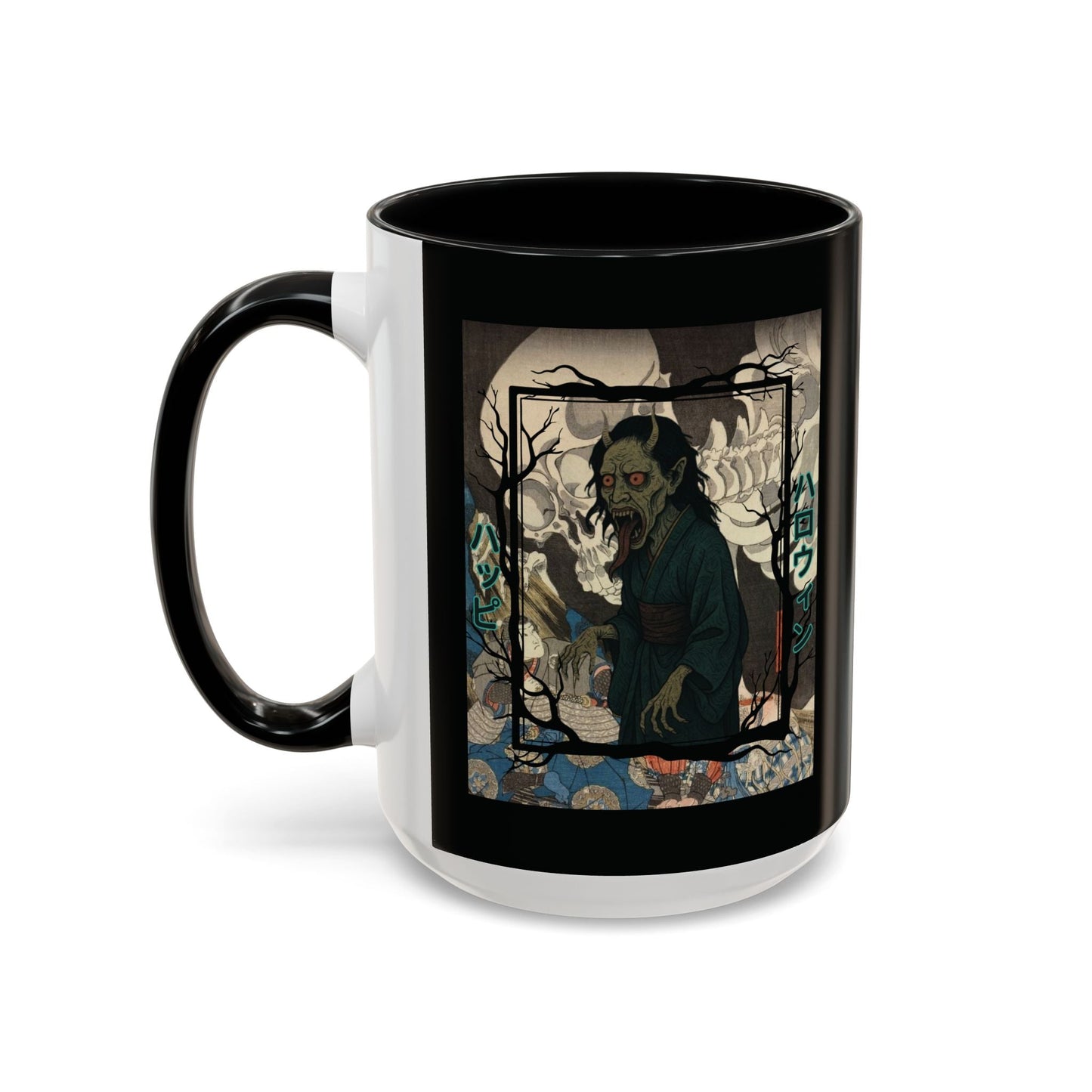 Yōkai Happy Halloween Black Accent Mug by cypherpunkgear.com – cypherpunkgear.com | Cypherpunk Merch