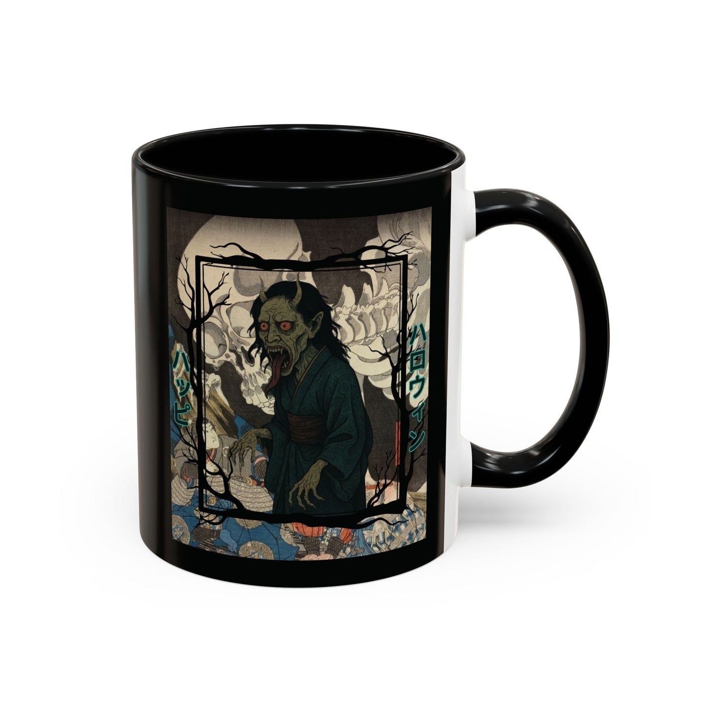 Yōkai Happy Halloween Black Accent Mug by cypherpunkgear.com – cypherpunkgear.com | Cypherpunk Merch