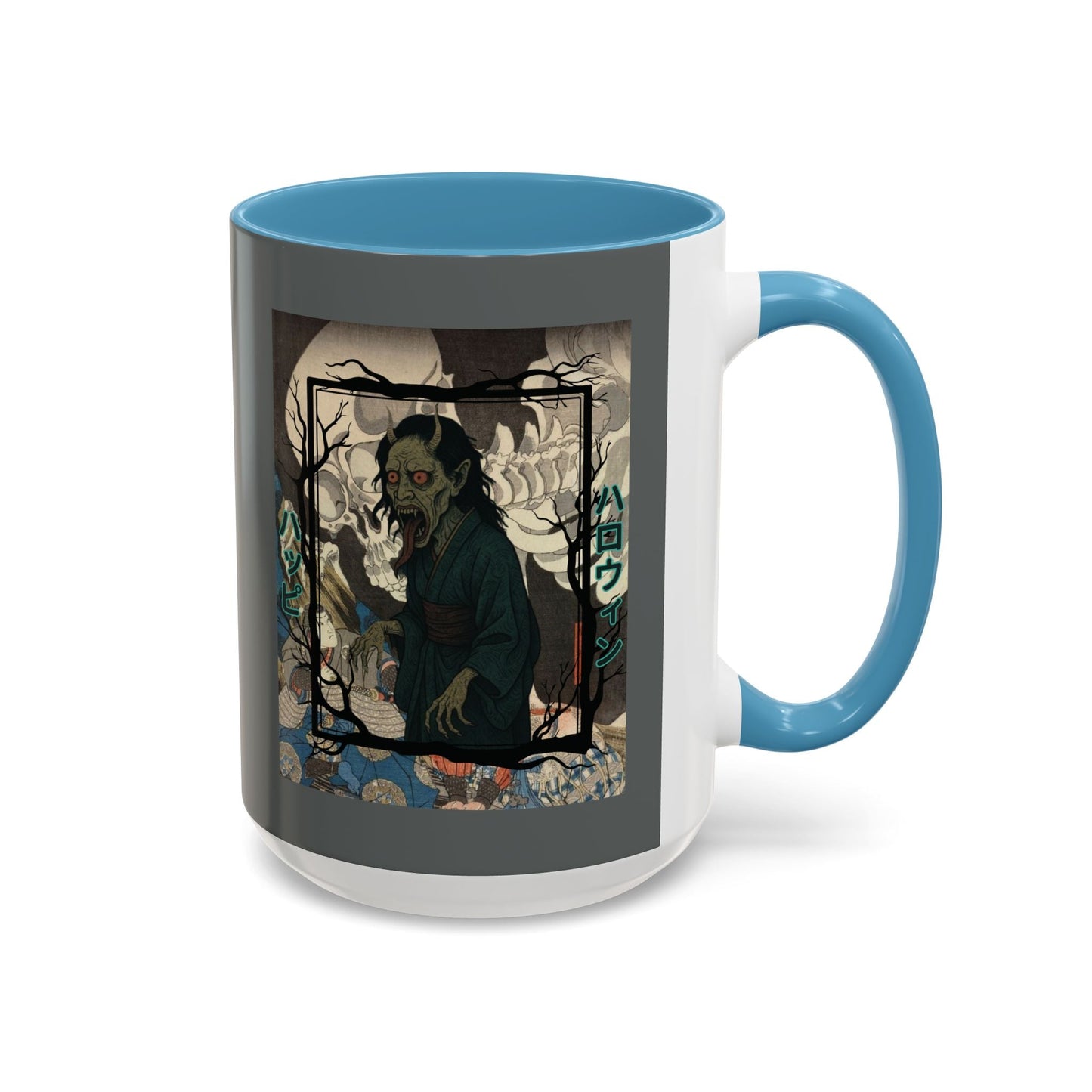 Yōkai Happy Halloween Grey Accent Mug by cypherpunkgear.com – cypherpunkgear.com | Cypherpunk Merch