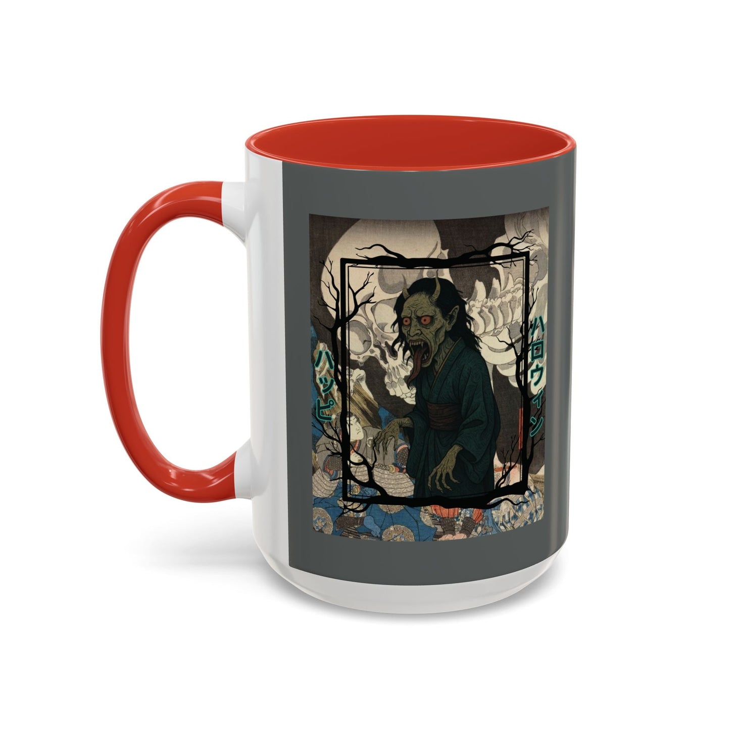 Yōkai Happy Halloween Grey Accent Mug by cypherpunkgear.com – cypherpunkgear.com | Cypherpunk Merch