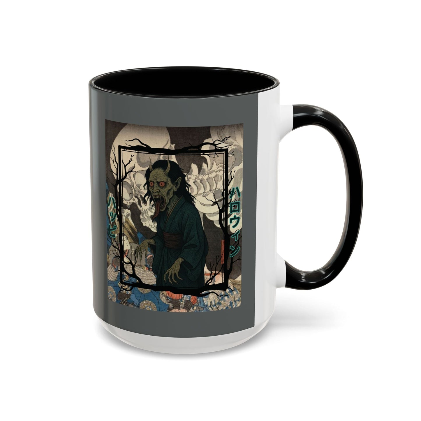 Yōkai Happy Halloween Grey Accent Mug by cypherpunkgear.com – cypherpunkgear.com | Cypherpunk Merch