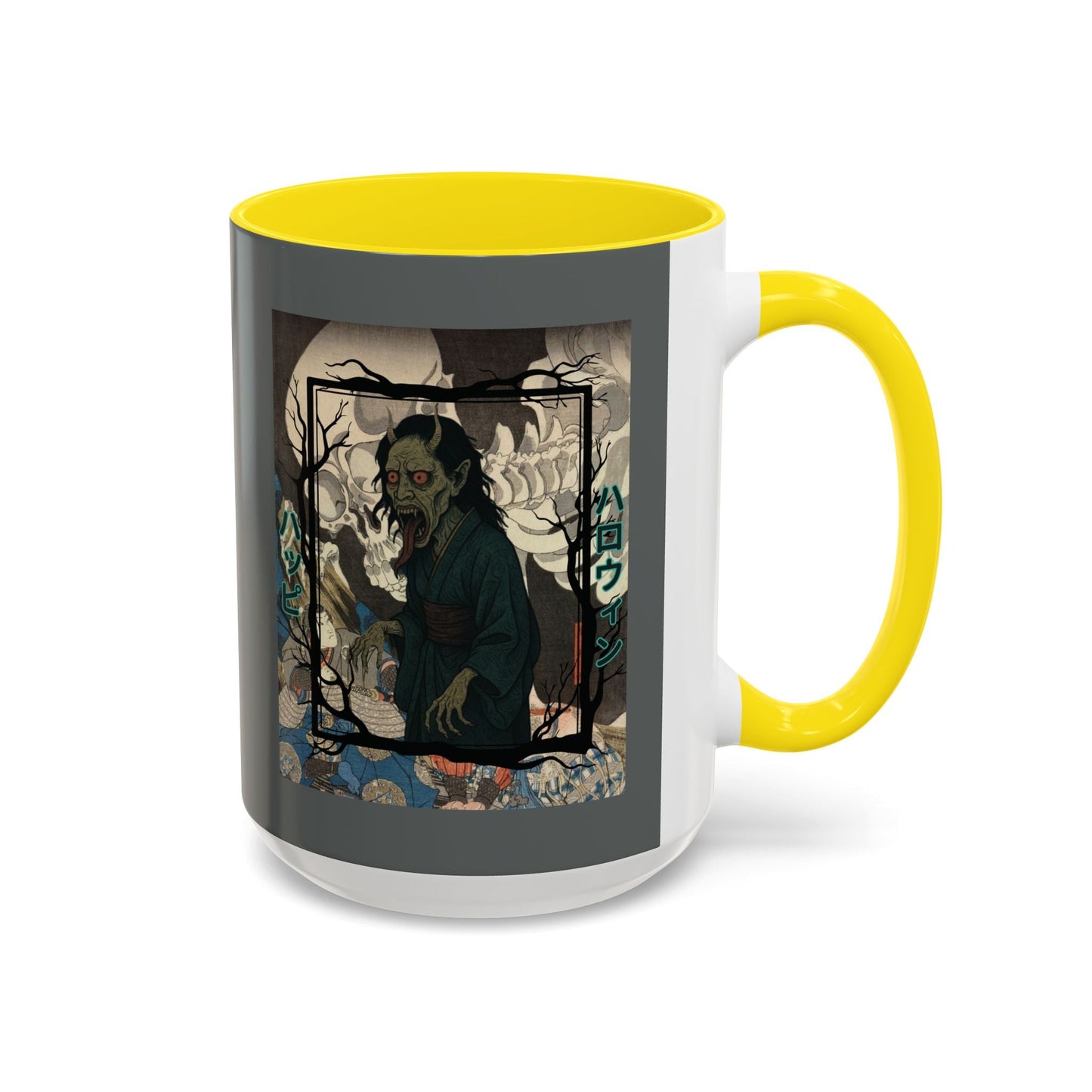 Yōkai Happy Halloween Grey Accent Mug by cypherpunkgear.com – cypherpunkgear.com | Cypherpunk Merch
