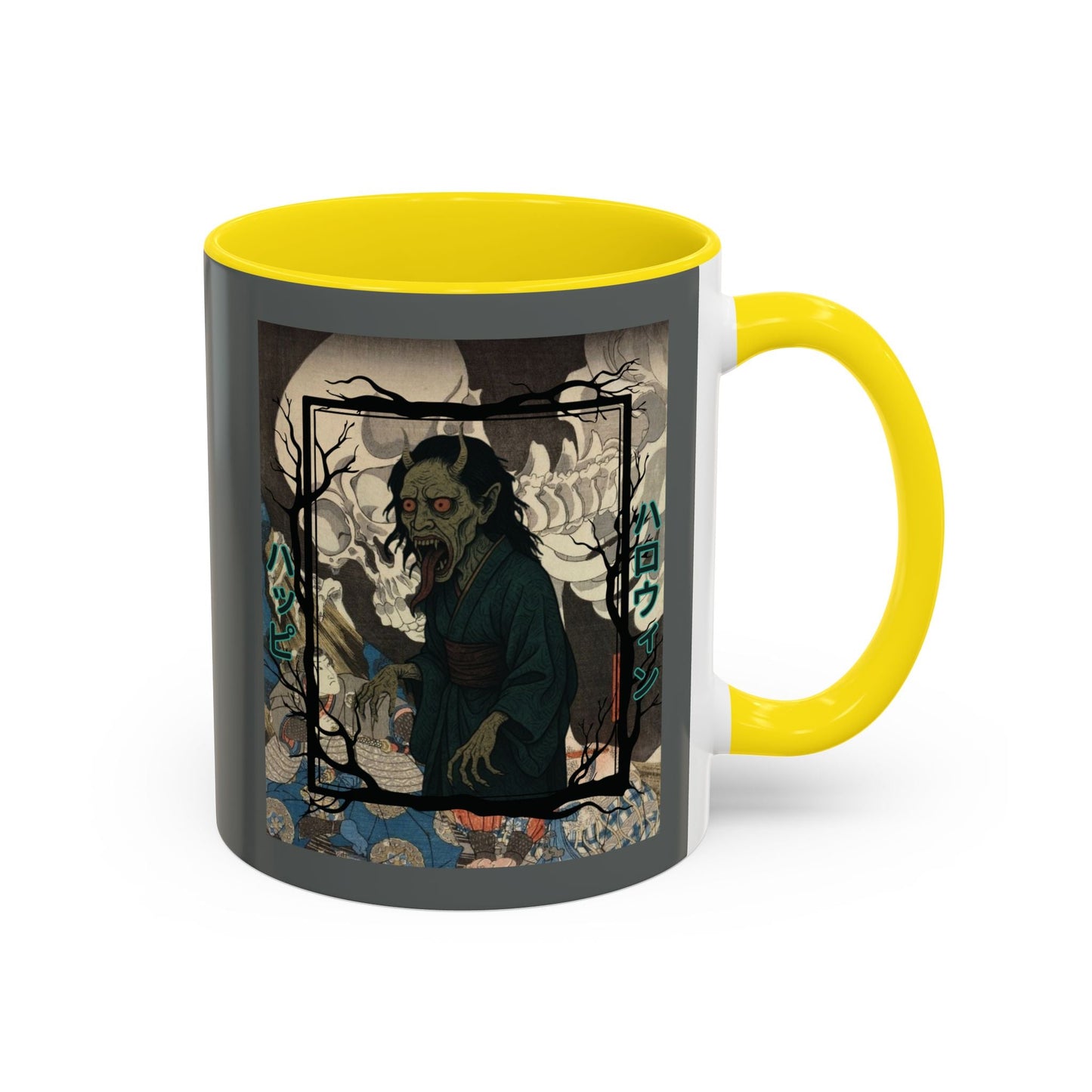 Yōkai Happy Halloween Grey Accent Mug by cypherpunkgear.com – cypherpunkgear.com | Cypherpunk Merch
