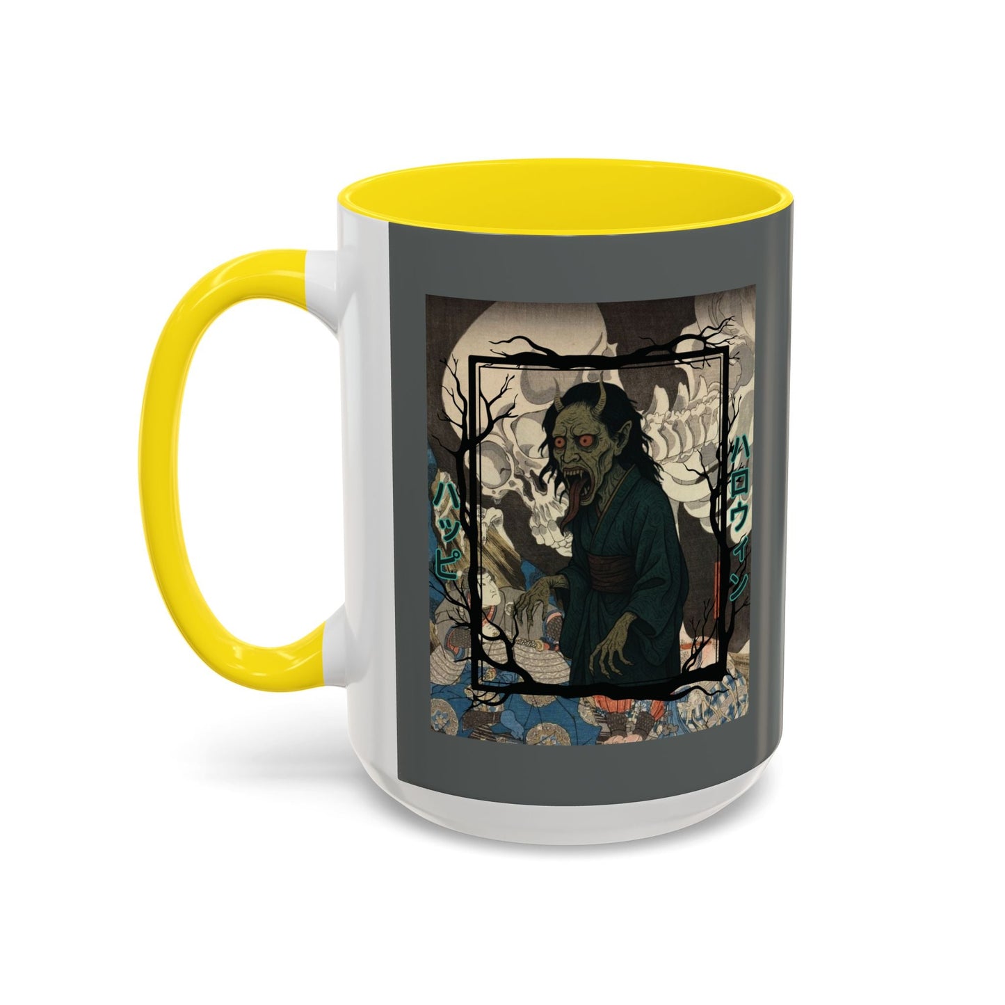 Yōkai Happy Halloween Grey Accent Mug by cypherpunkgear.com – cypherpunkgear.com | Cypherpunk Merch