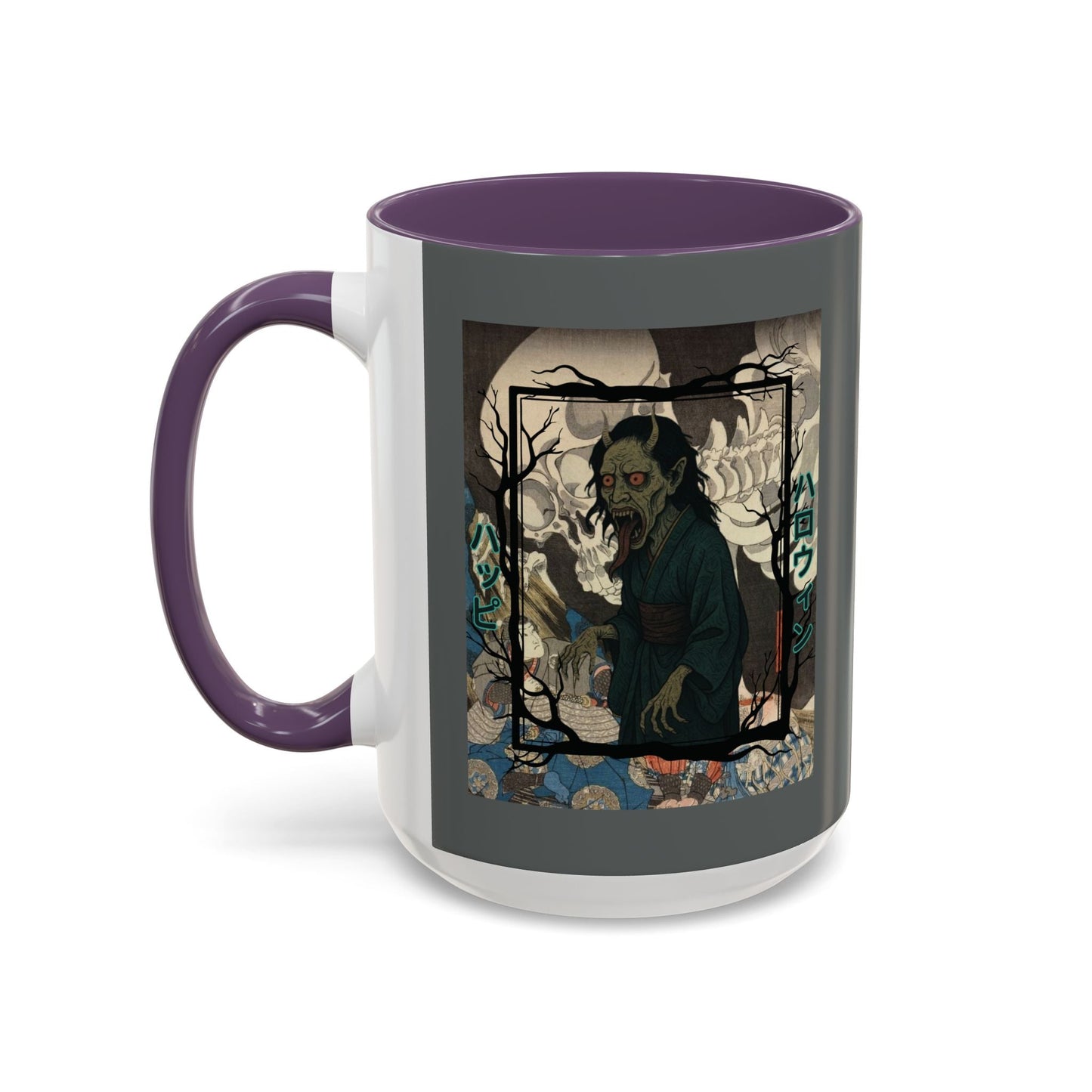 Yōkai Happy Halloween Grey Accent Mug by cypherpunkgear.com – cypherpunkgear.com | Cypherpunk Merch