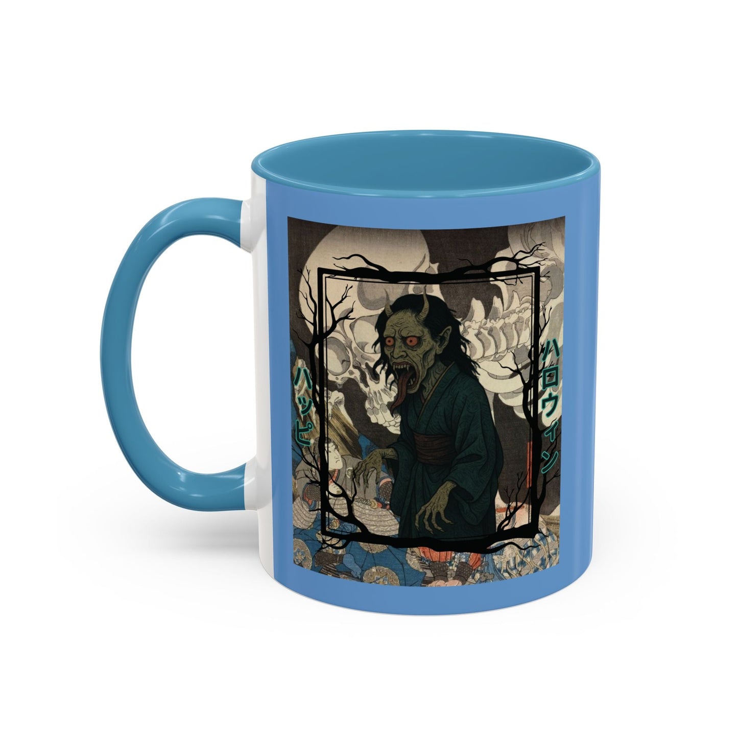 Yōkai Happy Halloween Light Blue Accent Mug by cypherpunkgear.com – cypherpunkgear.com | Cypherpunk Merch