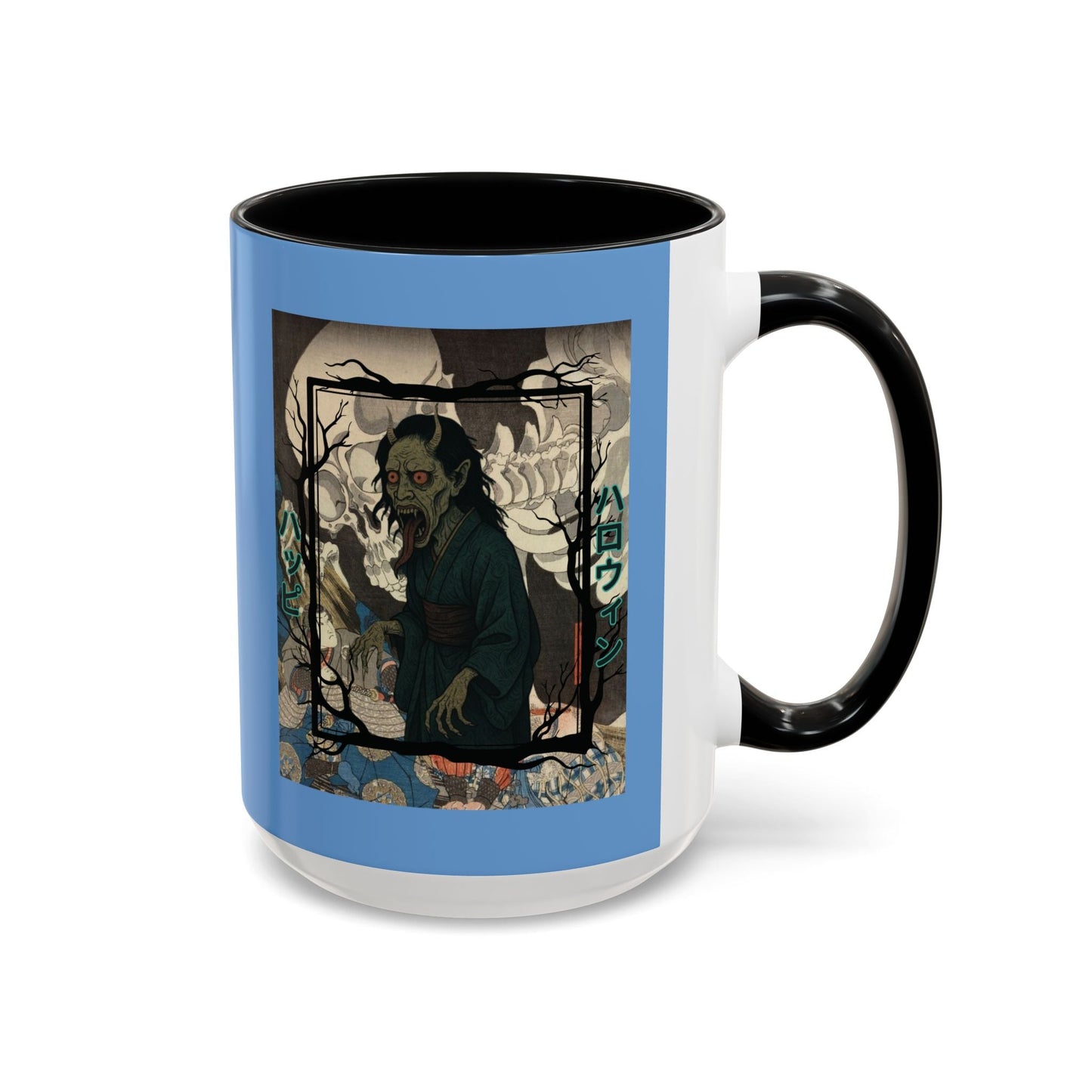 Yōkai Happy Halloween Light Blue Accent Mug by cypherpunkgear.com – cypherpunkgear.com | Cypherpunk Merch