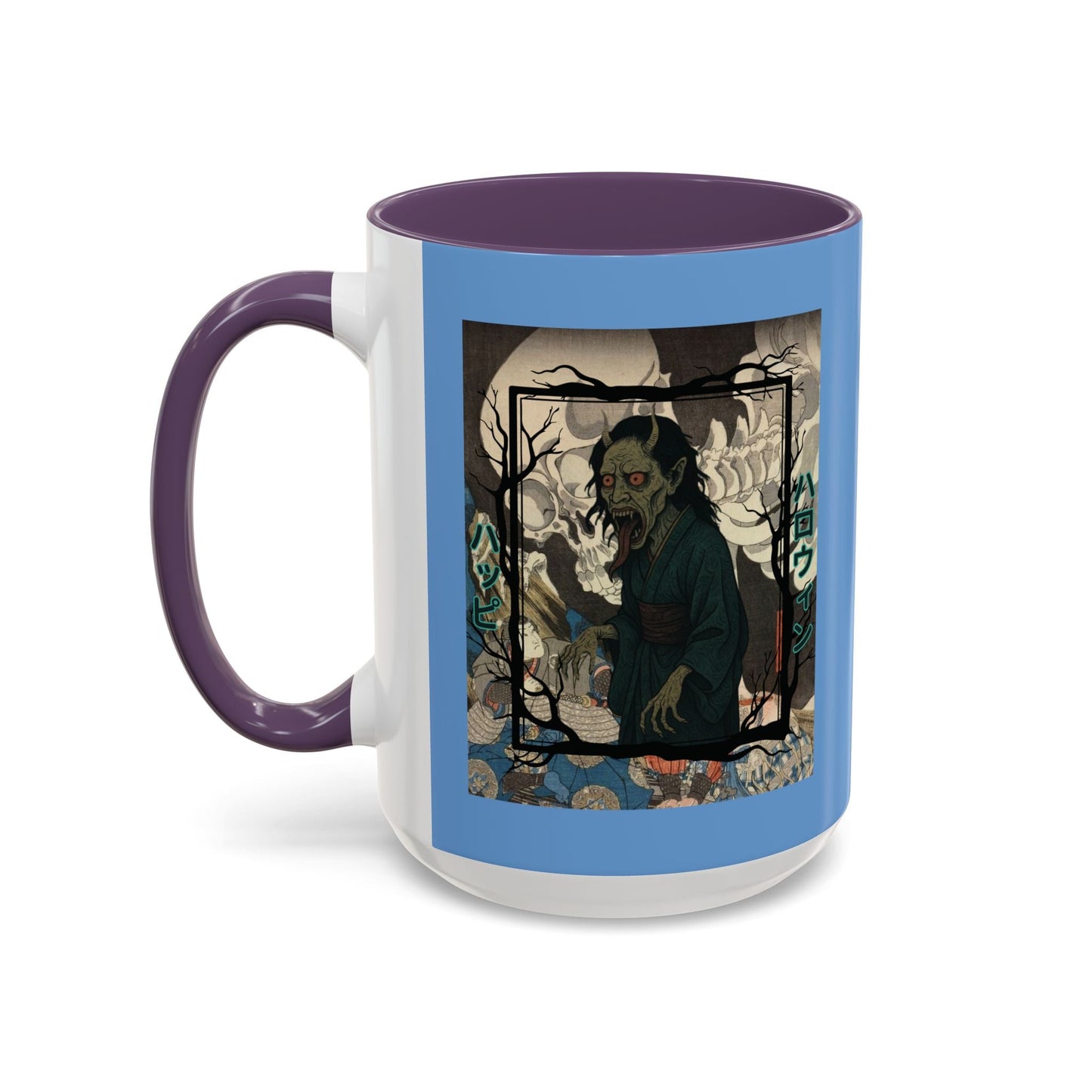 Yōkai Happy Halloween Light Blue Accent Mug by cypherpunkgear.com – cypherpunkgear.com | Cypherpunk Merch